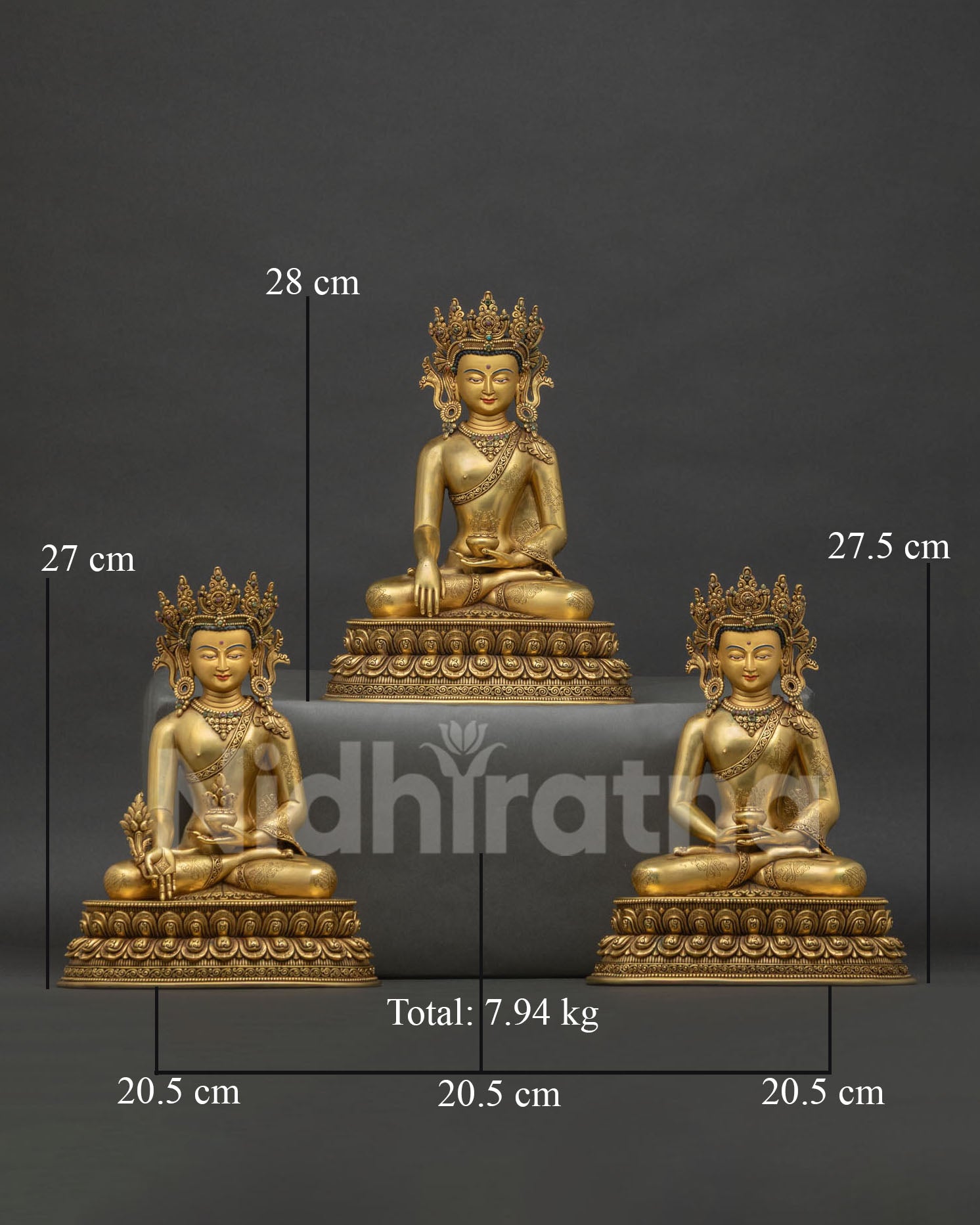 Crowned Three Buddha set with Shakyamuni Medicine Buddha and Amitabha in 24K gold