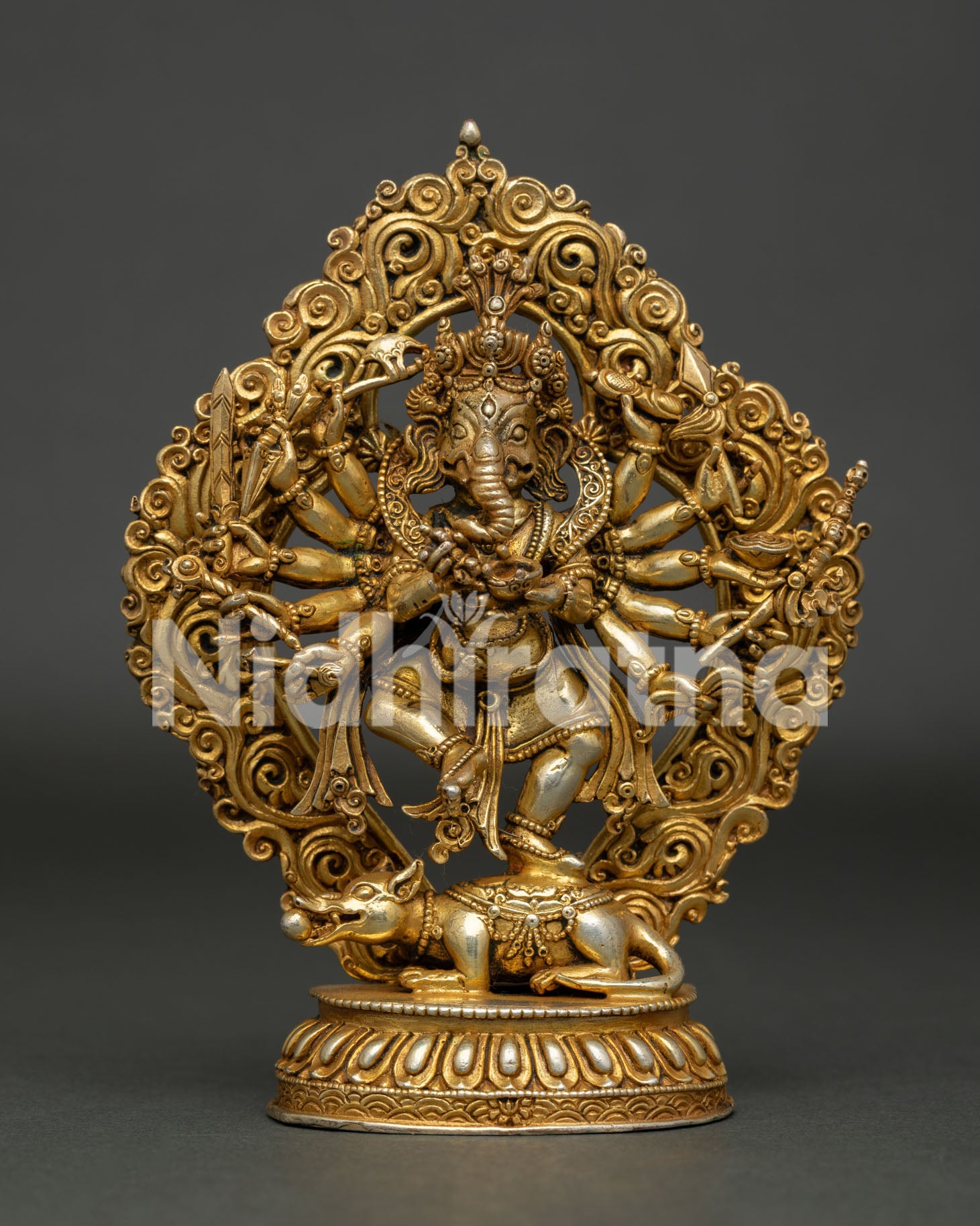 Dancing Lord Ganesh Statue Front View with 24K Gold Fire Gilding and Mushika.