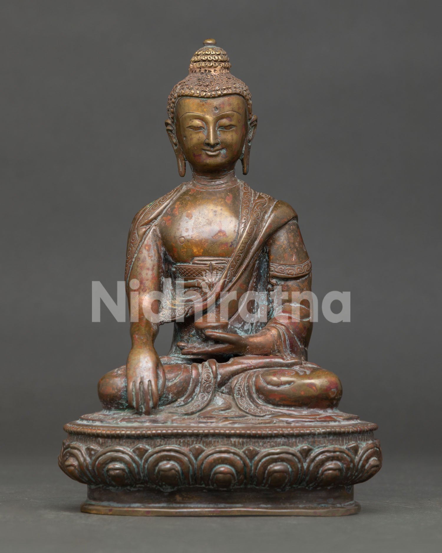 Detailed Antique Copper Shakyamuni Buddha Statue, Handcrafted by Newari Artisans