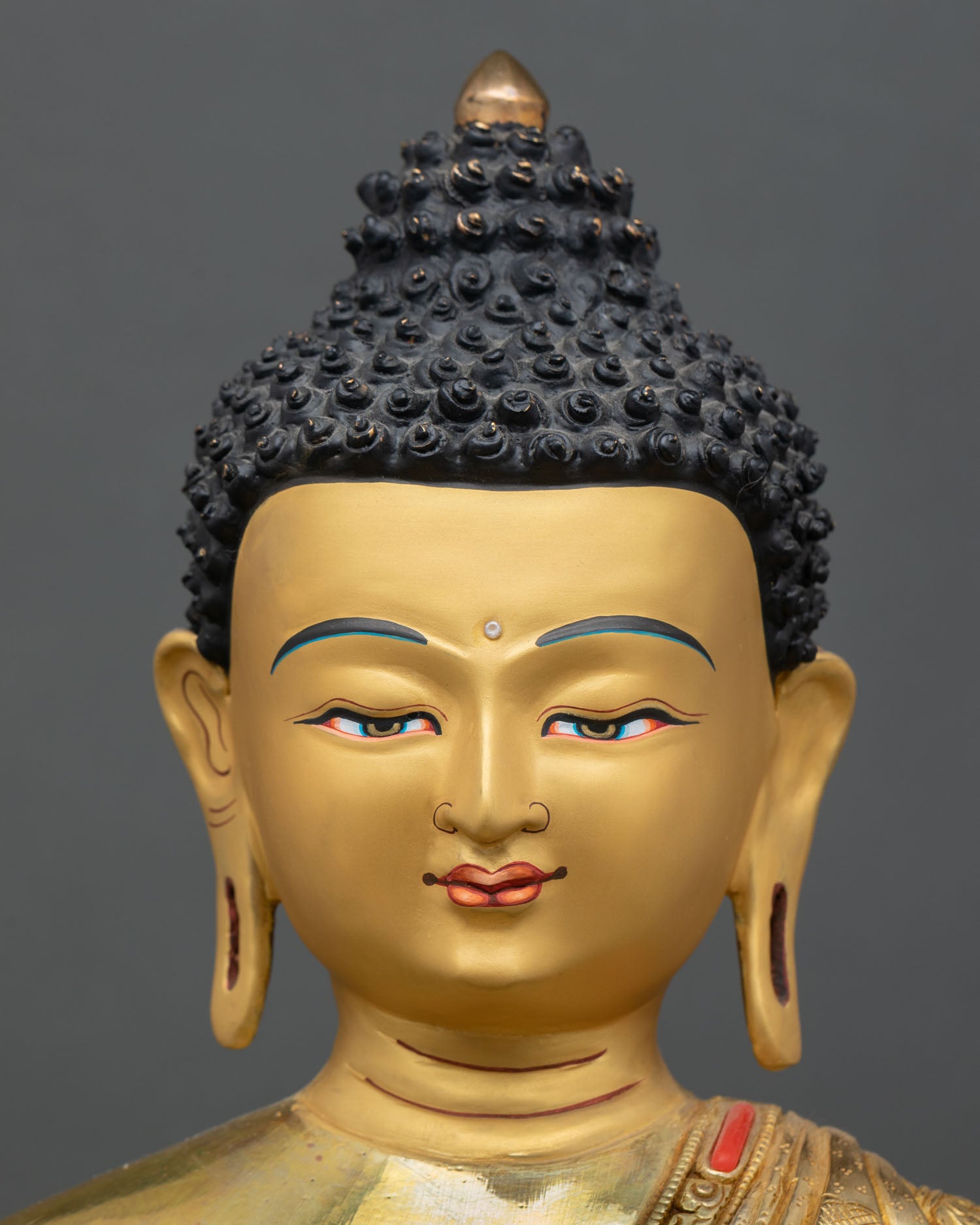 detailed face close up of shakyamuni buddha with ushnisha and serene expression