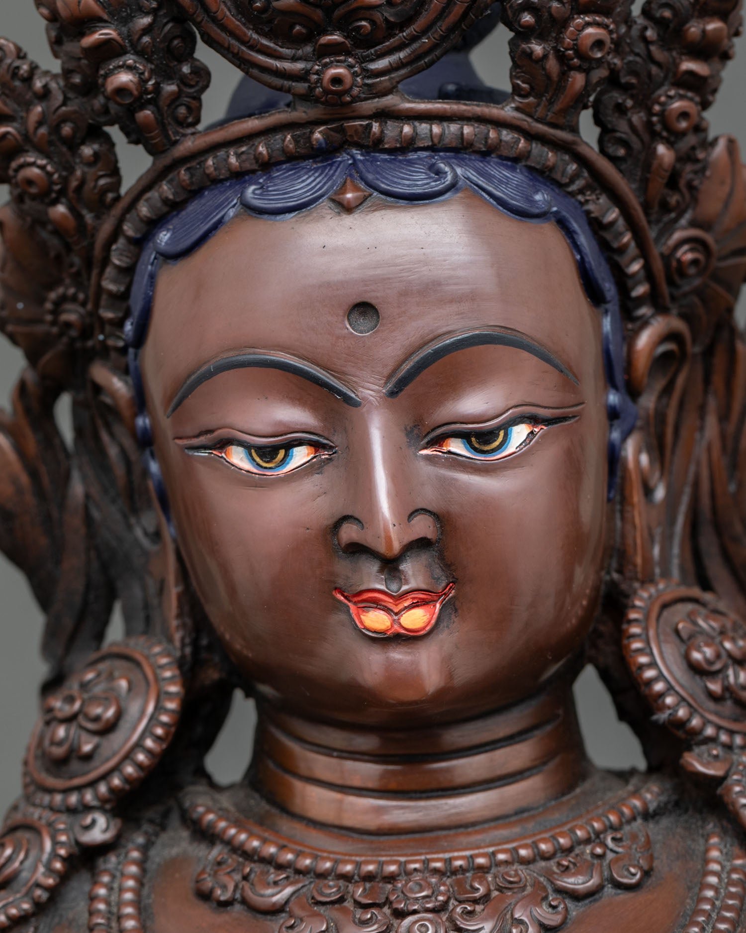 Detailed-view of Green Tara statue, oxidized copper, Mother of Liberation