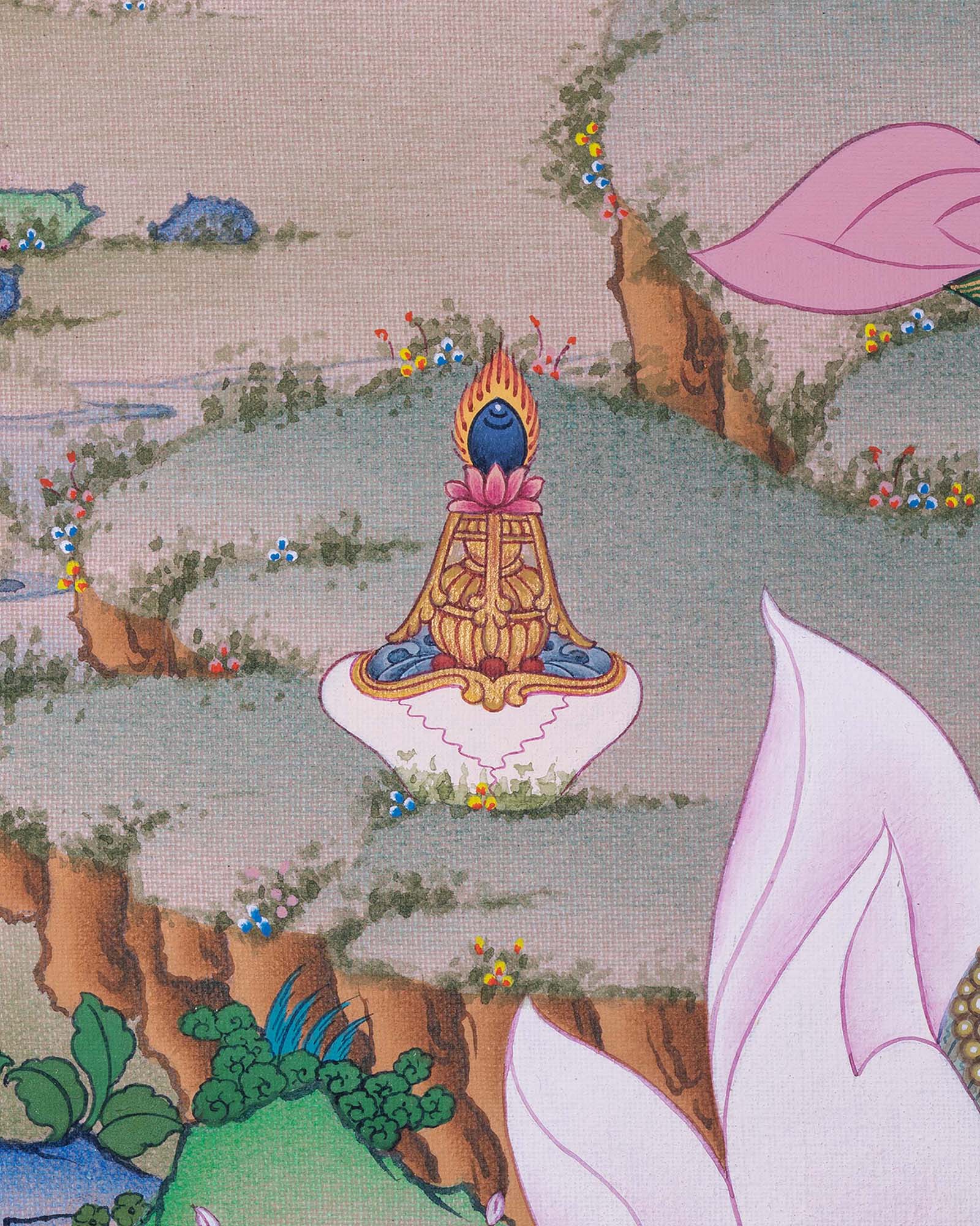 Detailed landscape featuring kapala skull cup and sacred scenery in Guru Rinpoche Buddhist thangka print