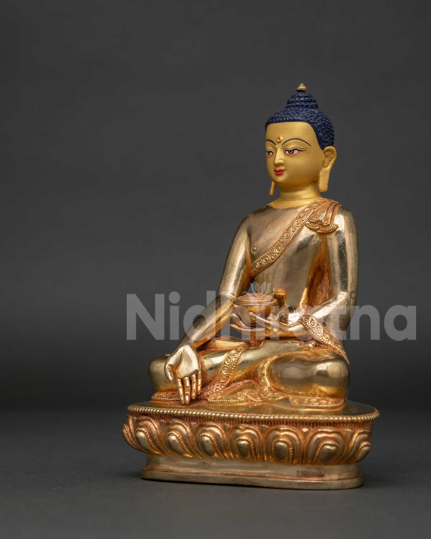 Detailed Ratnasambhava Buddha Face with Gold Gilded Nepalese Craftsmanship.