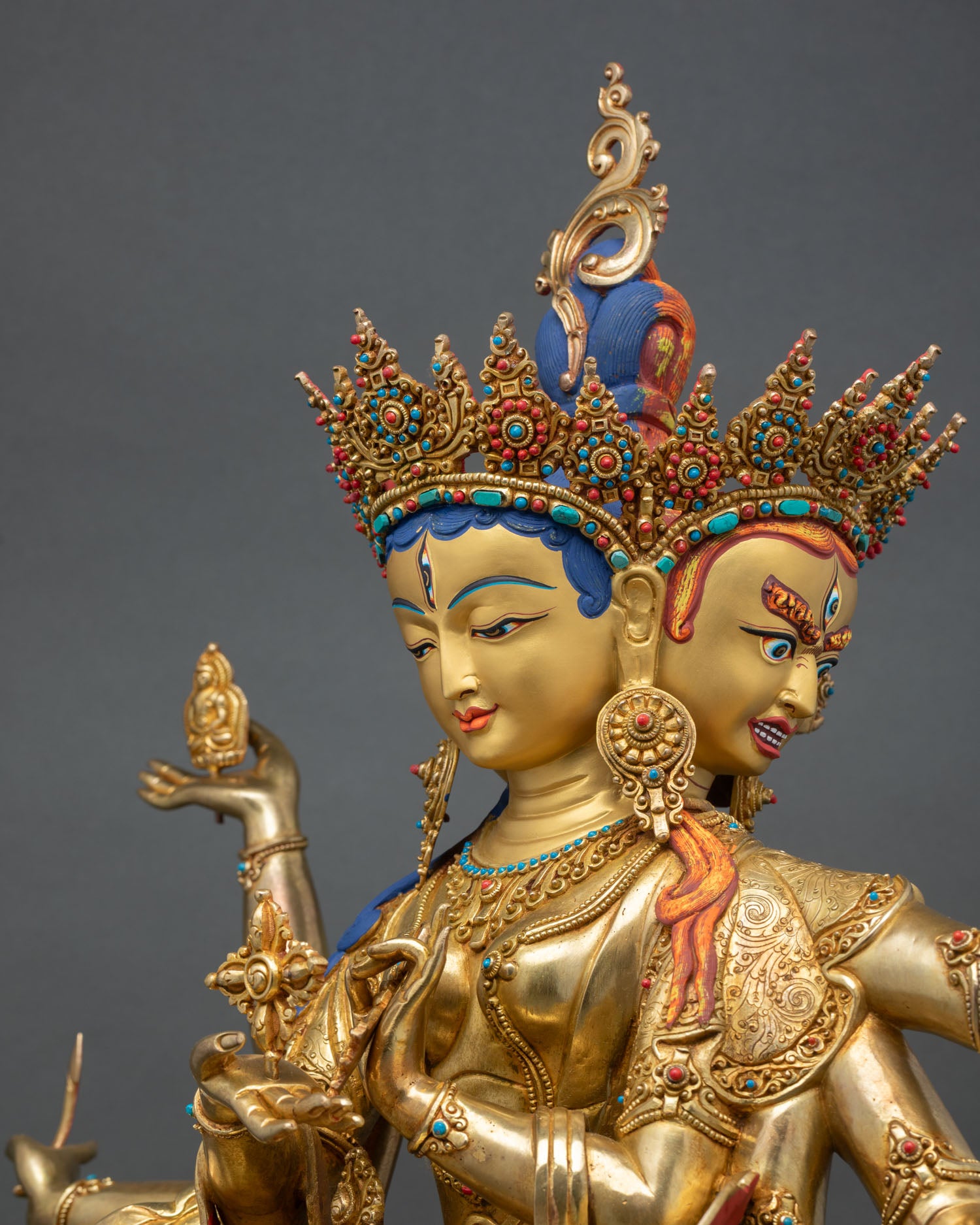 Detailed side close up of Namgyalma Statue highlighting copper alloy craftsmanship and gold gilded ritual detailing
