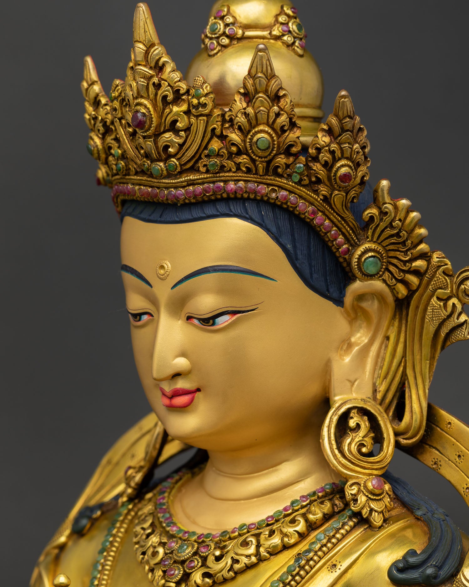 Side View of Vajrasattva Gold Painted Face with Intricate Crown and Jewelry
