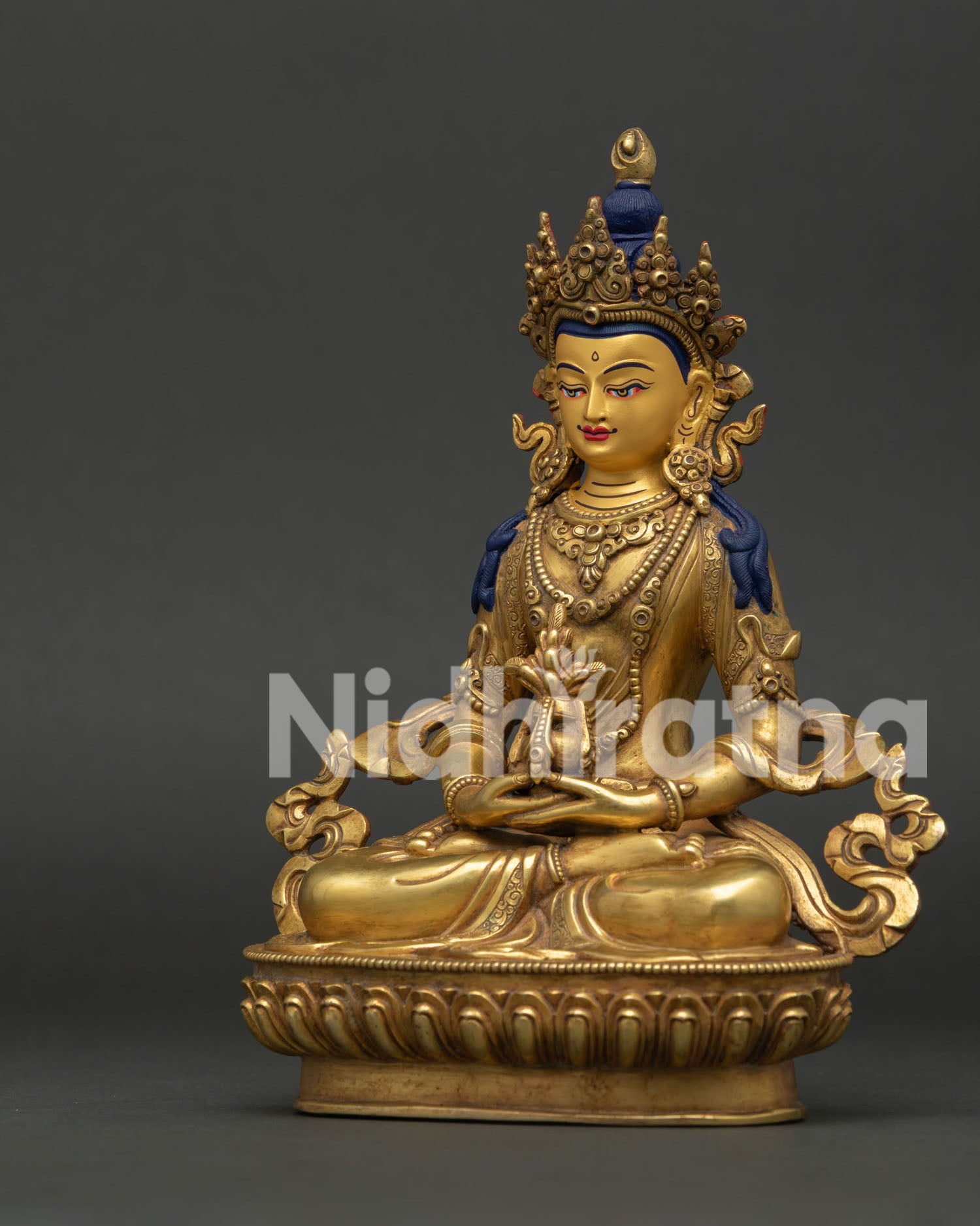 Detailed Side View of Amitayus Buddha Statue with Gold Fire Gilded Copper Body.