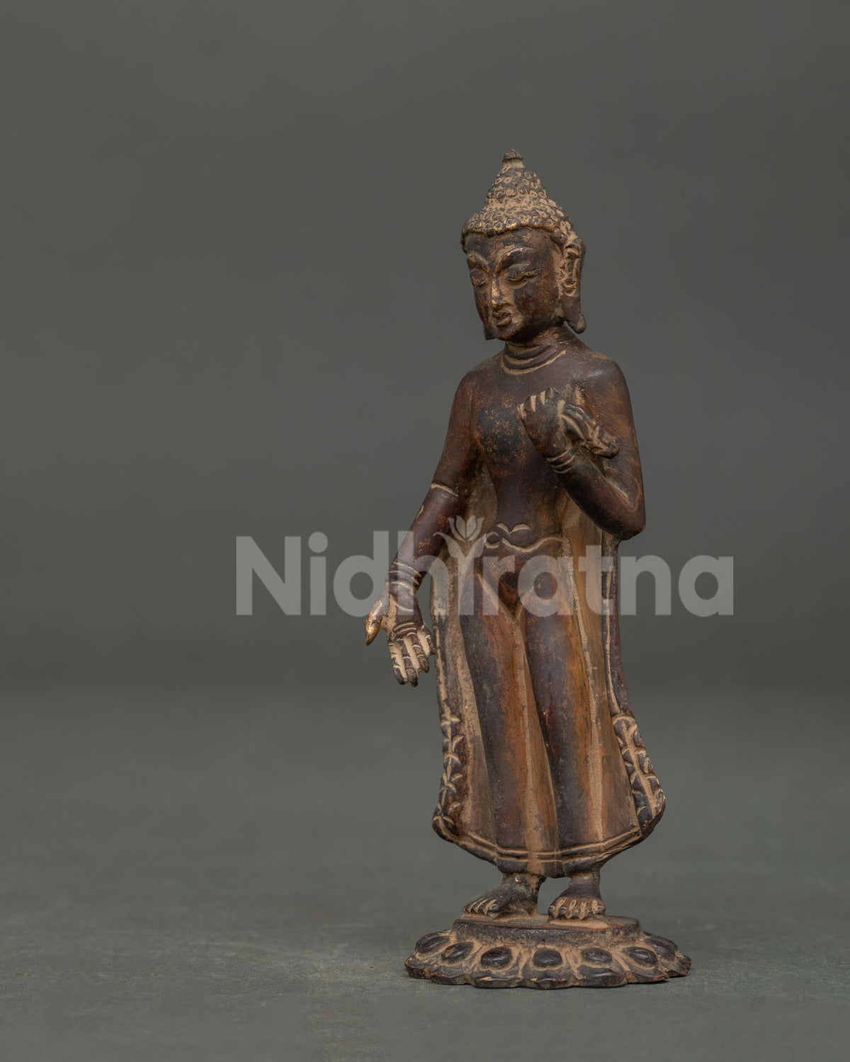 Detailed side view of Dipankara Buddha statue with lotus pedestal and symbolic mudras.
