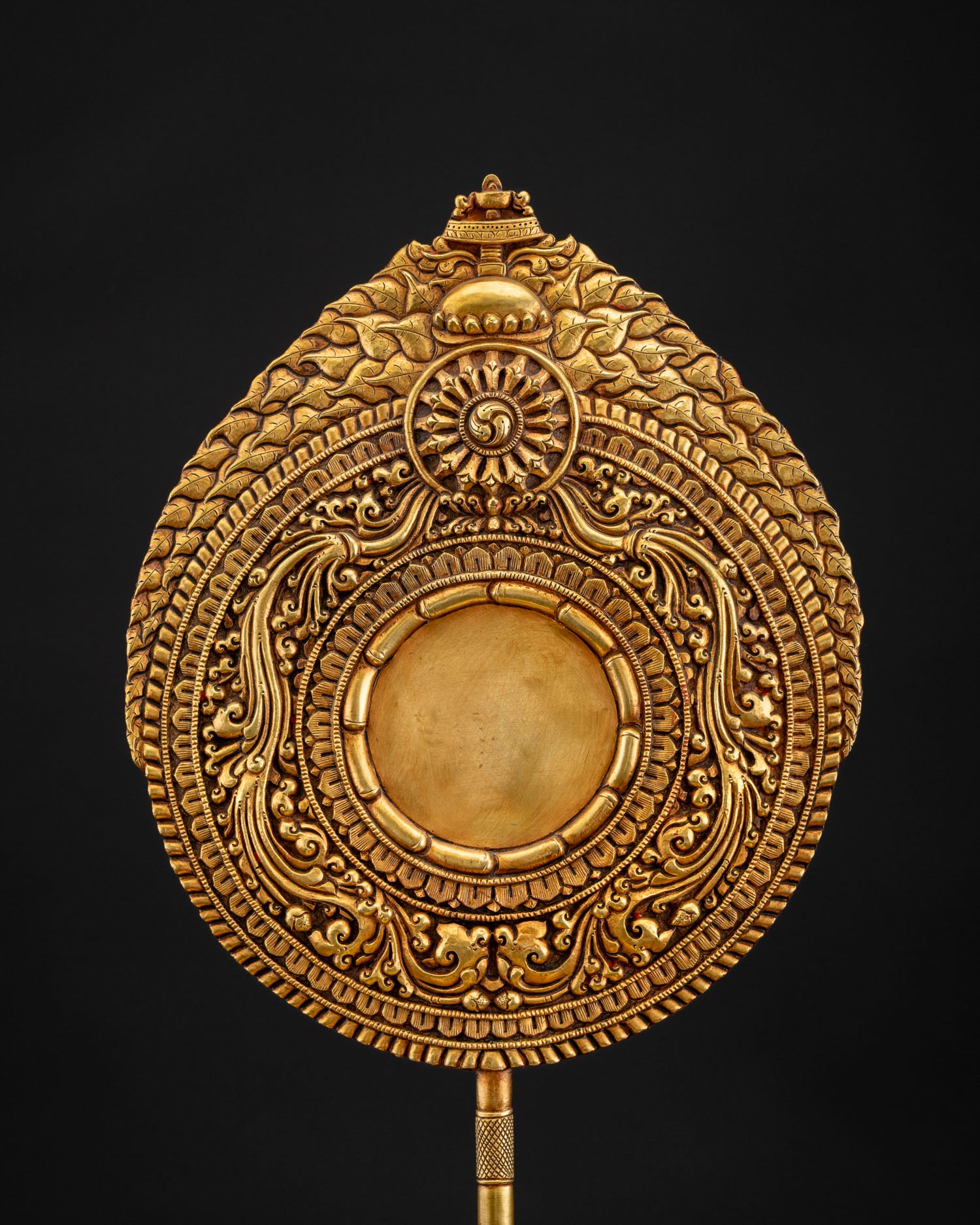 Detailed view of Amitabha Buddha statue halo with layered lotus petals, scrollwork, and sacred symbols
