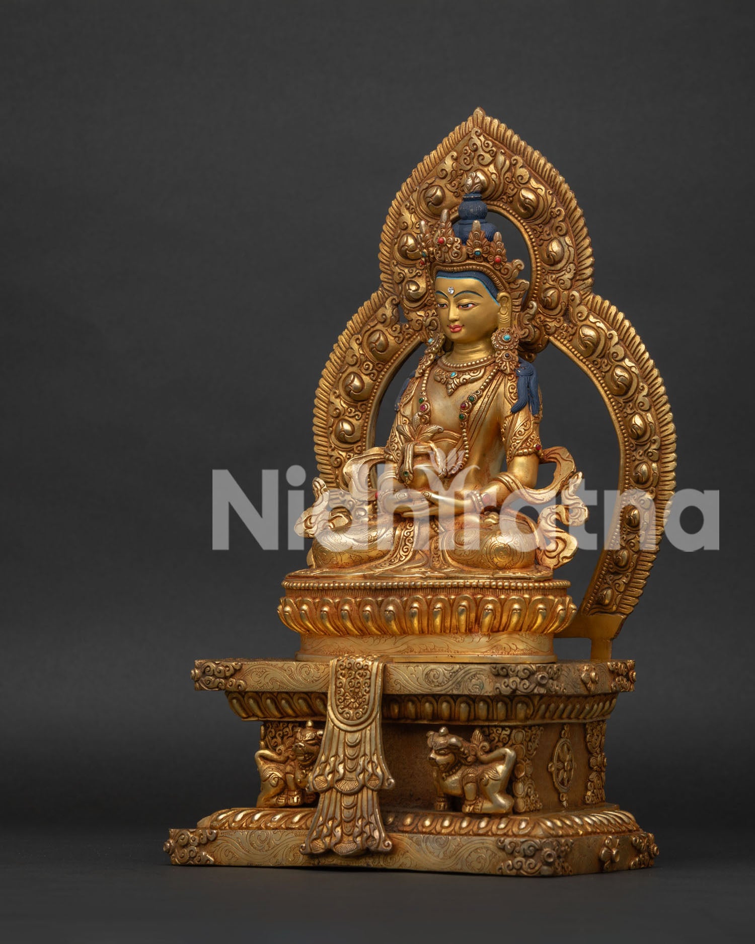 Detailed View of Amitayus Lion Throne with Carved Lions and Floral Motifs.