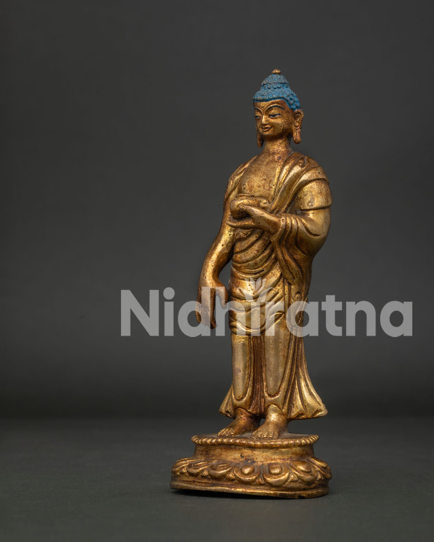 Detailed View of Gold Fire Gilded Shakyamuni Buddha Statue from Nepal.