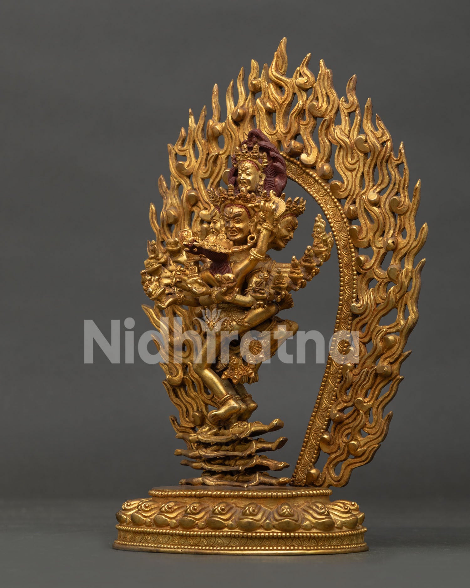 Detailed View of Hevajra Embracing Nairatmya with Skull Garland and Flaming Halo.