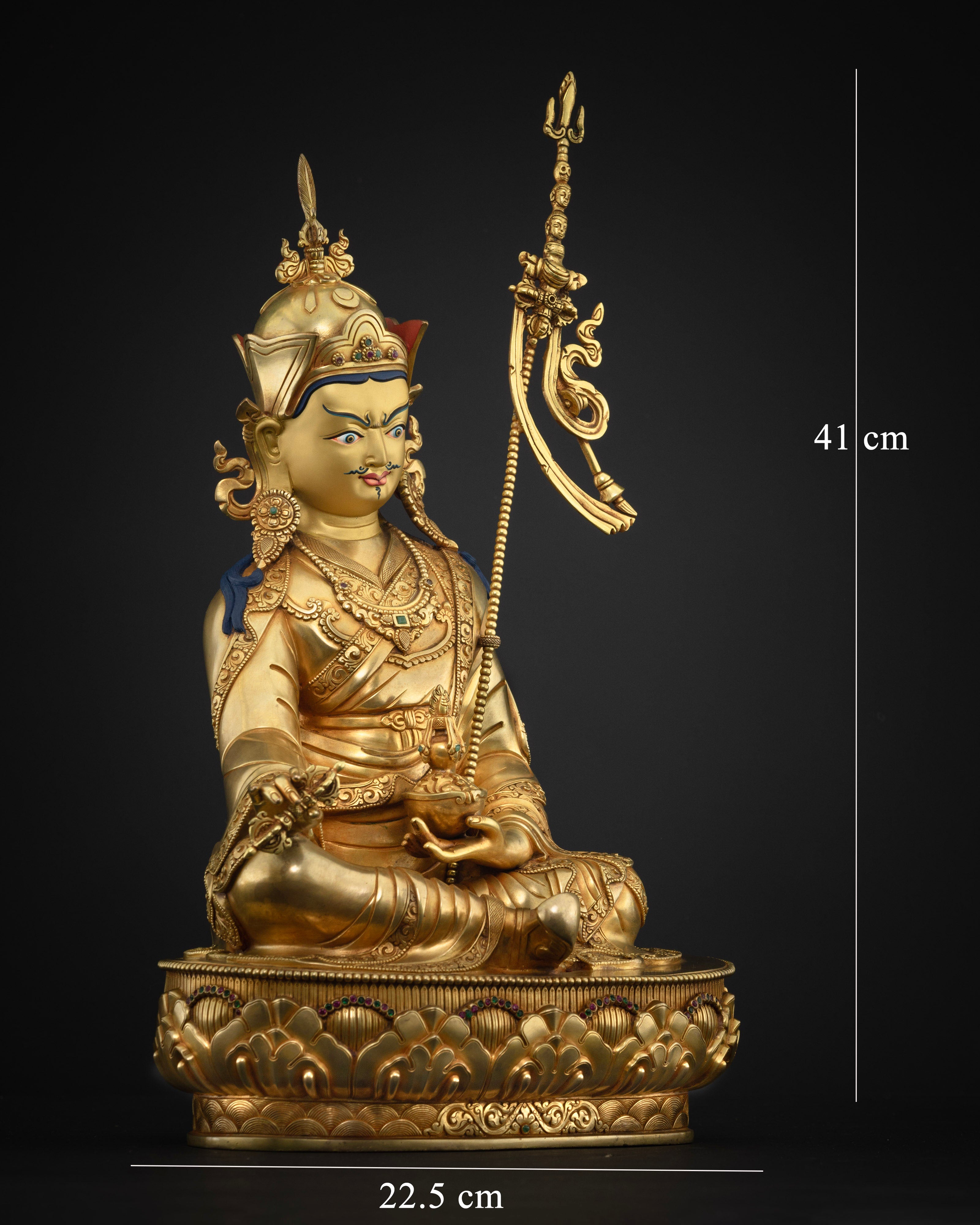 Detailed view of Padmasambhava statue with intricate 3D carvings and sacred ornaments