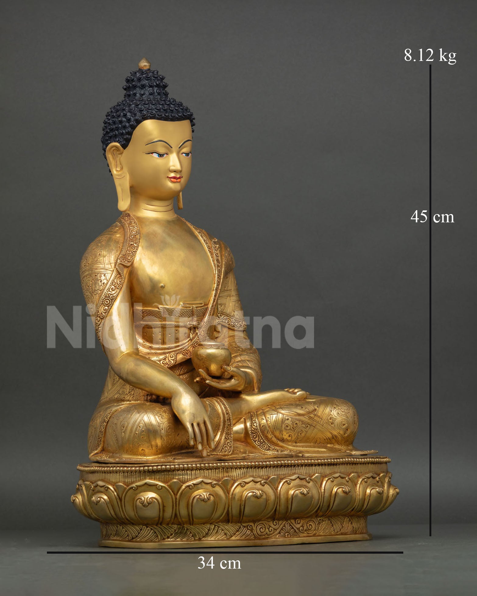 Detailed view of Shakyamuni Buddha earth-touching mudra and traditional begging bowl