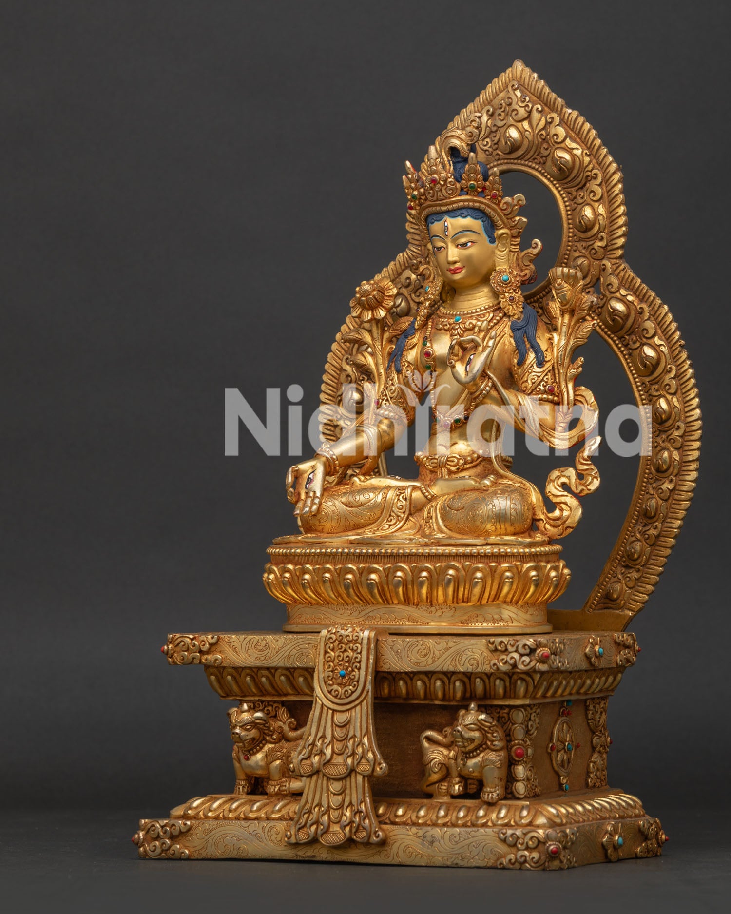 Detailed View of White Tara Lion Throne and Shell Shaped Halo.