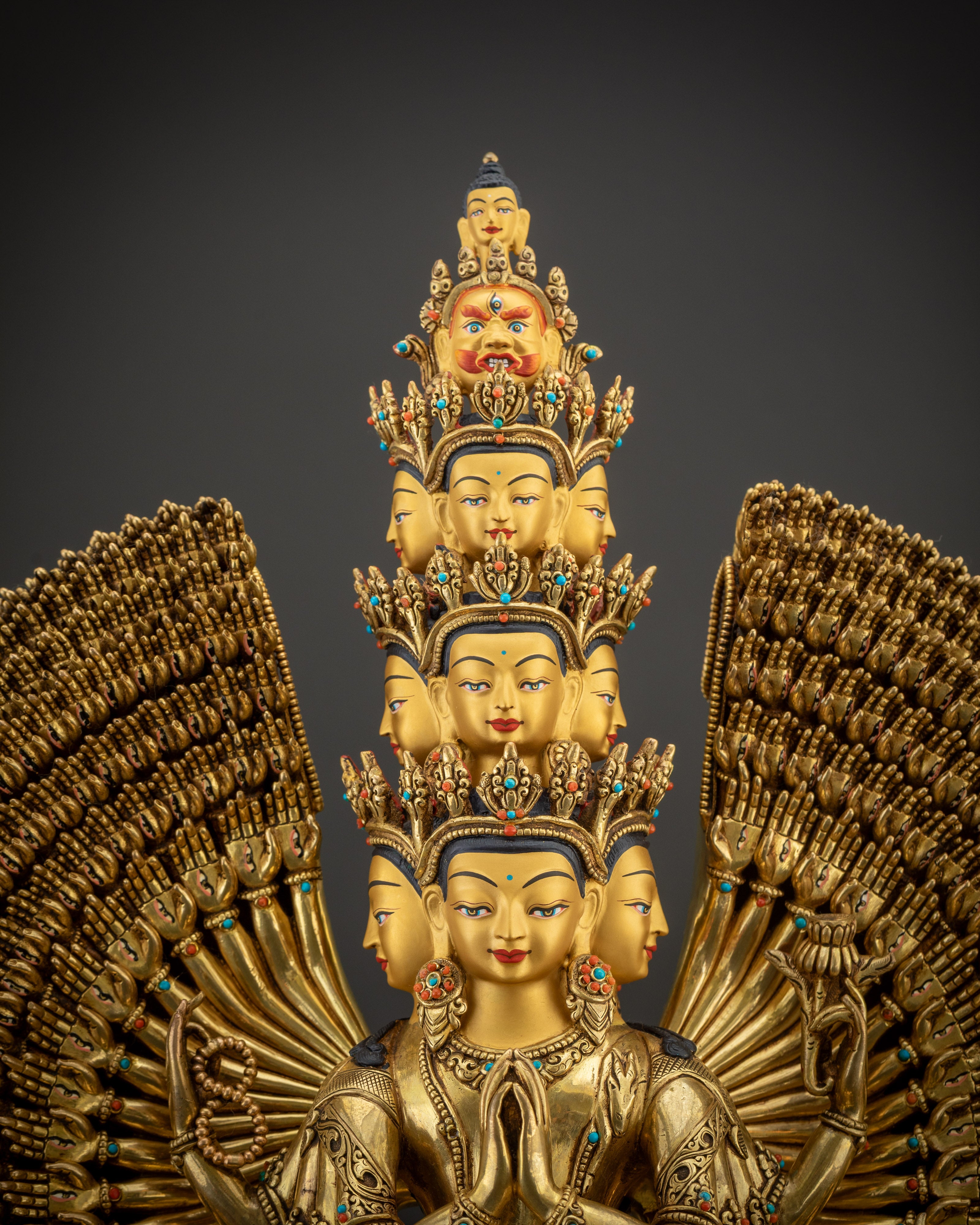 detailed 11 heads Chenrezig Avalokiteshvara statue gold gilded crowns Buddhist art Nepal
