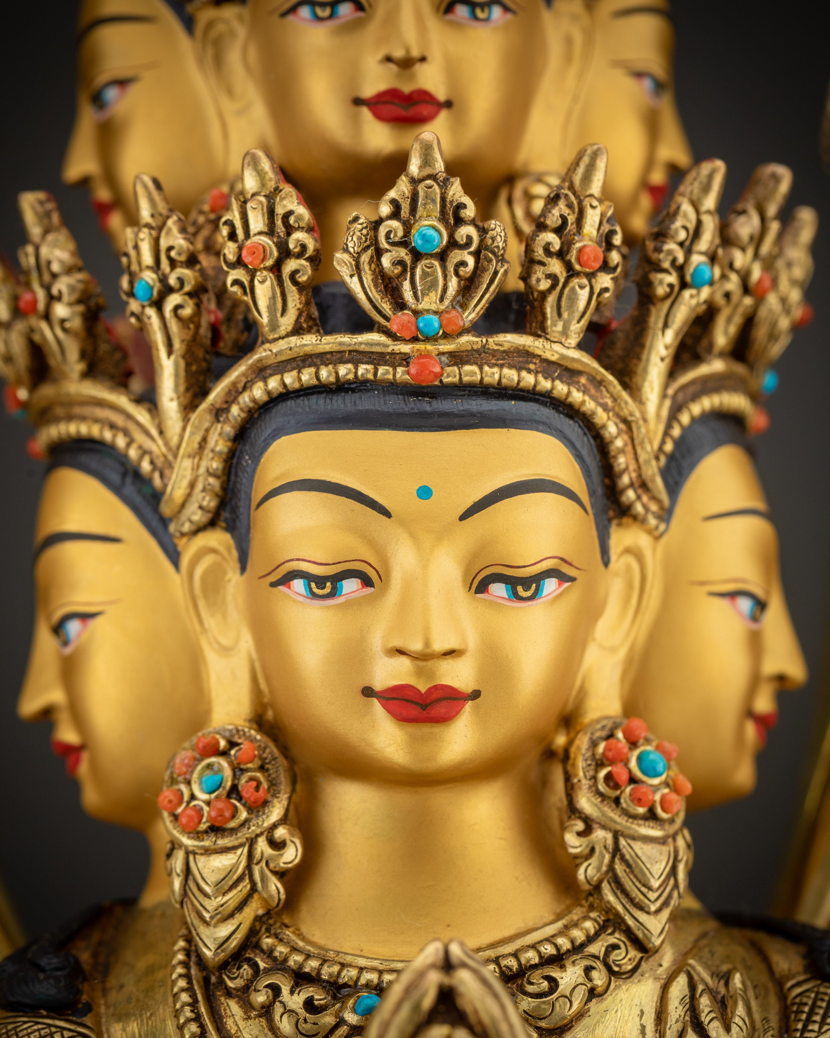 detailed close up face 24K gold gilded Chenrezig Avalokiteshvara statue Nepalese art