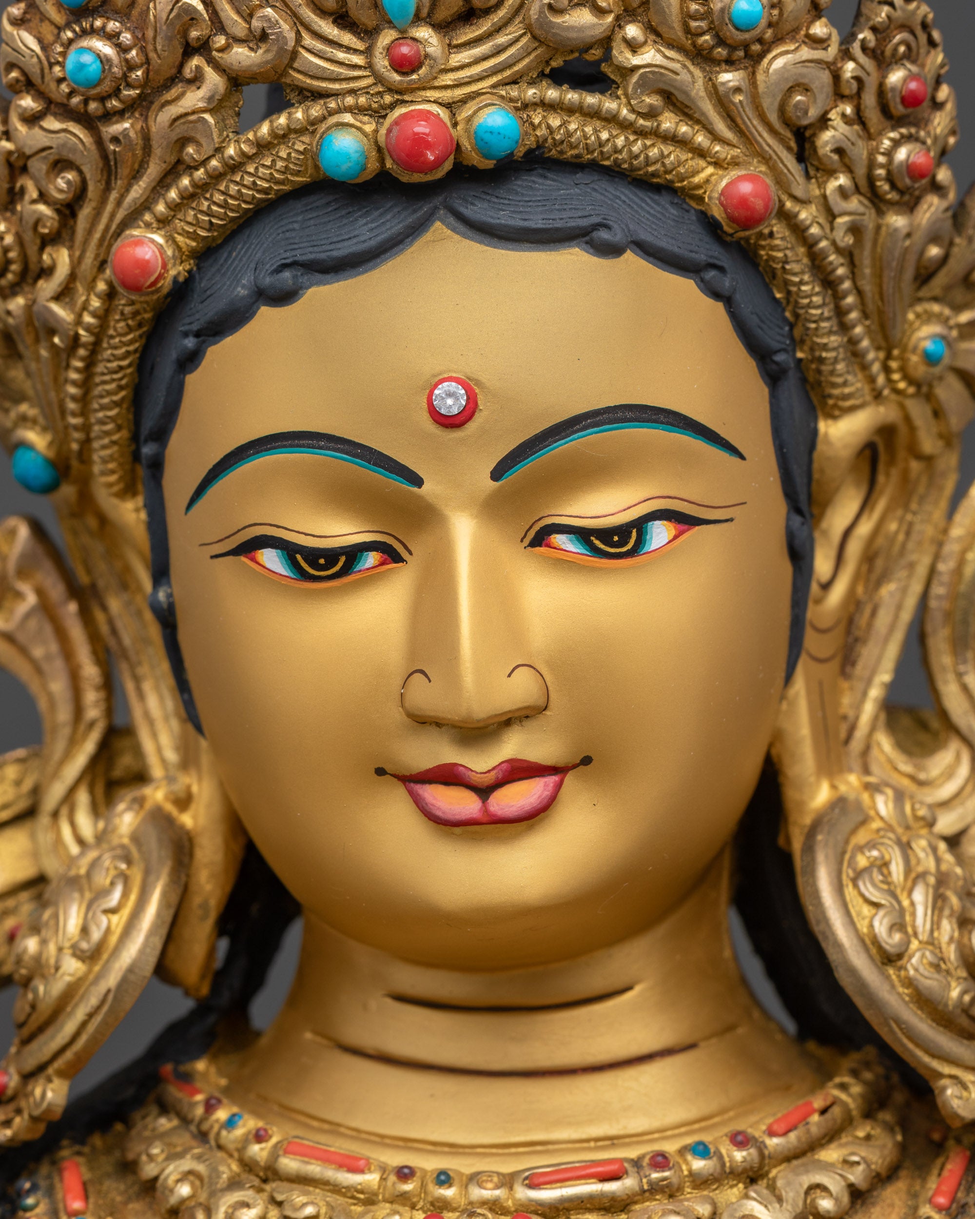 detailed close up face Green Tara Buddhist deity, serene healing expression, Nepalese art