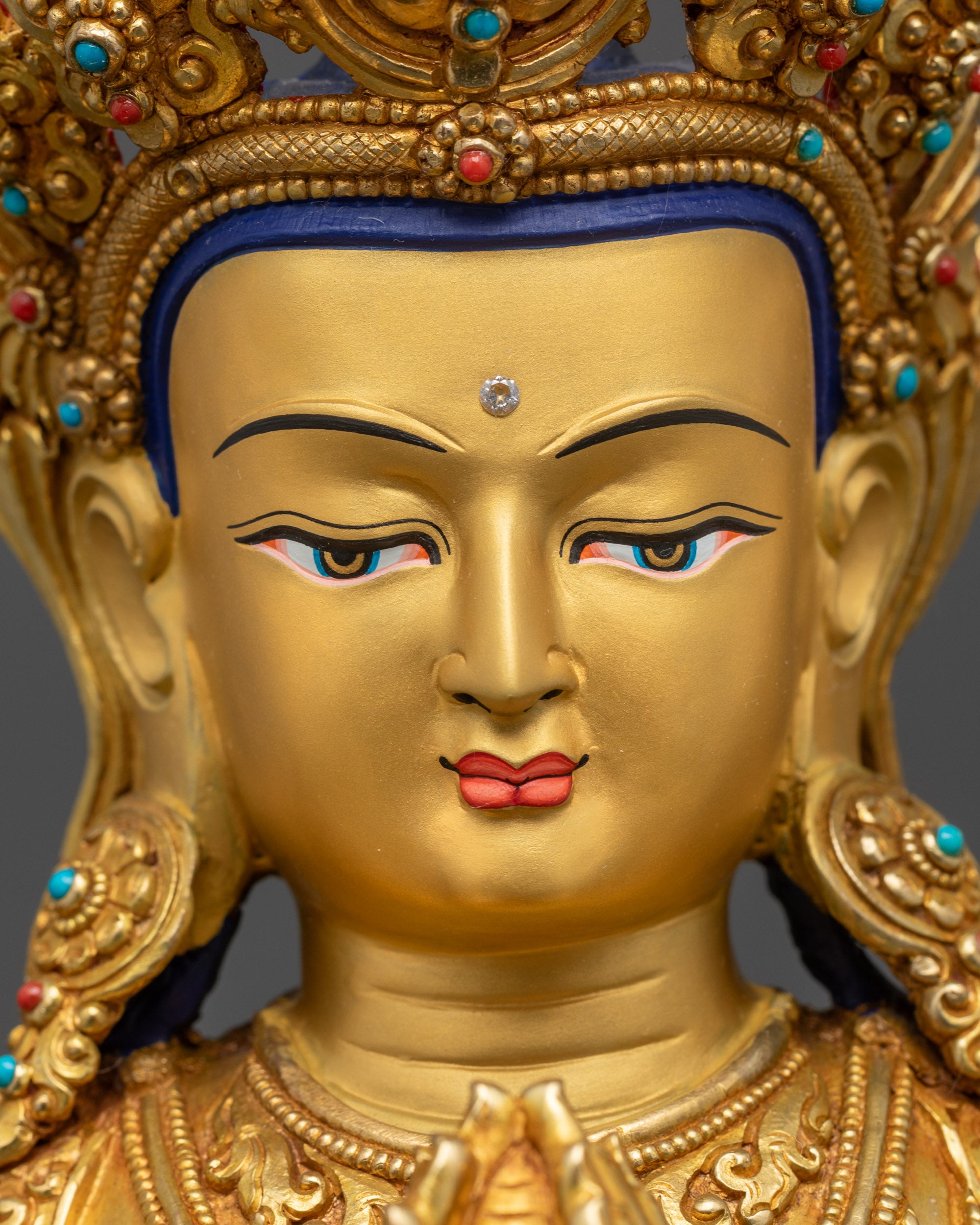 detailed close up face of Avalokiteshvara Chenrezig statue with serene expression