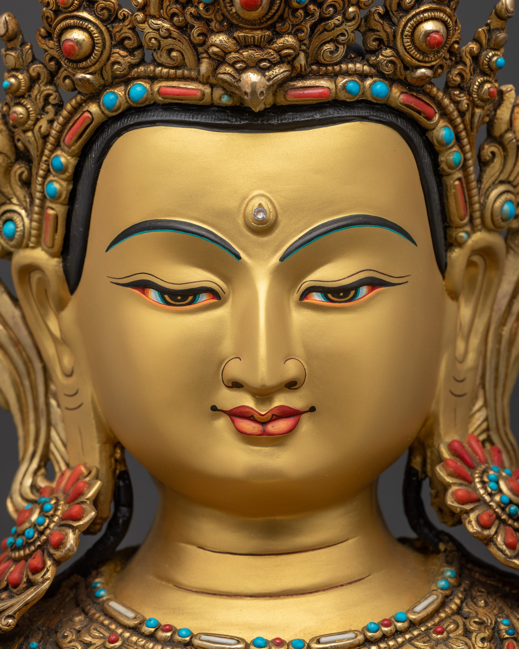 detailed close up face radiant gilded Jizo Bodhisattva majestic meditation face