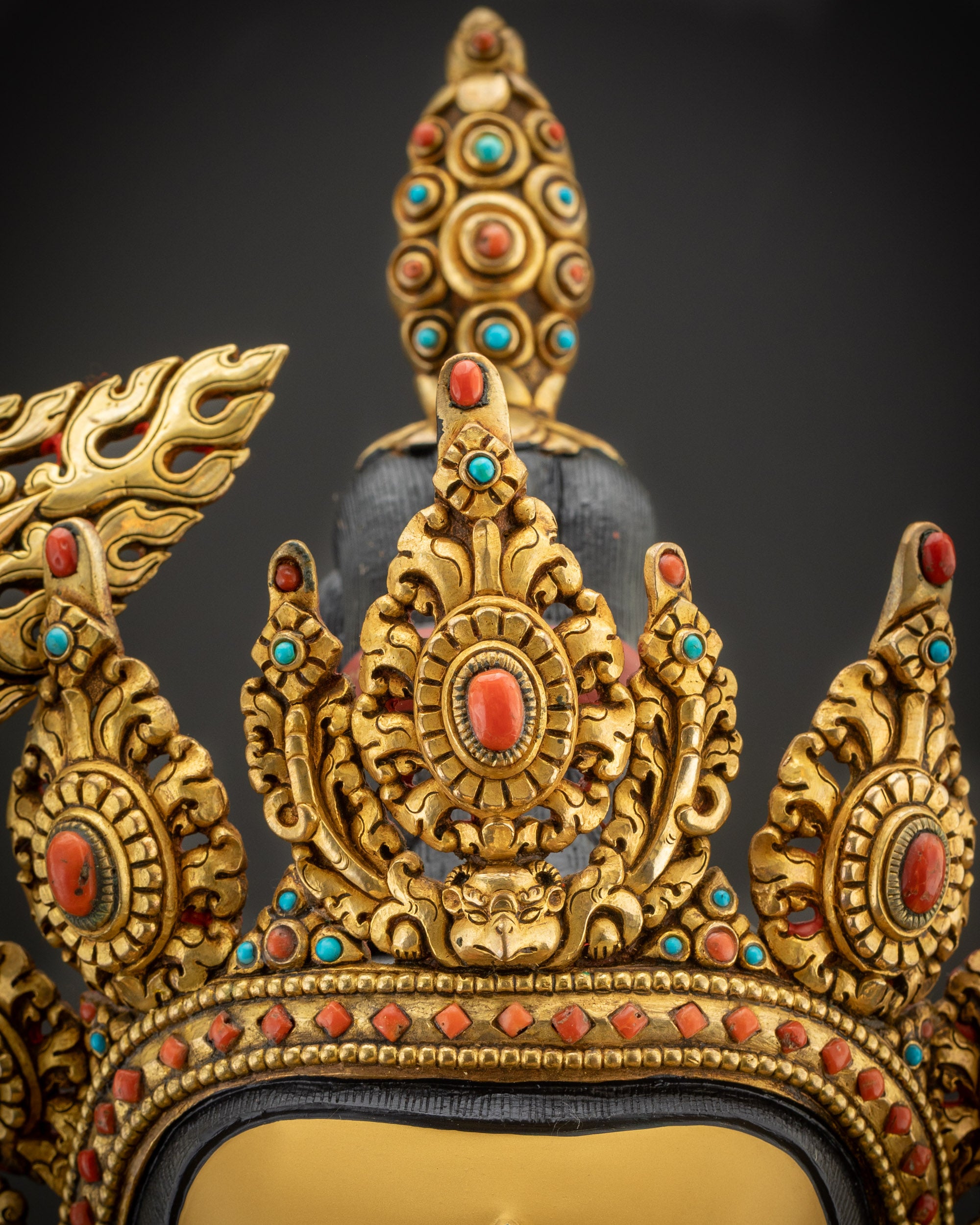 detailed five-jeweled crown Manjushri statue Tibetan artisan gold-gilded artwork