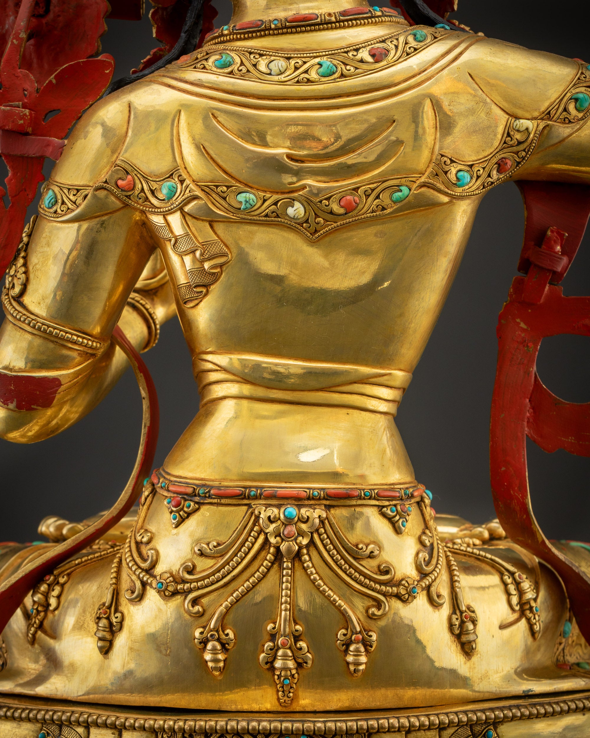 detailed robe back view Manjushri swirling pattern gold-gilded Tibetan statue