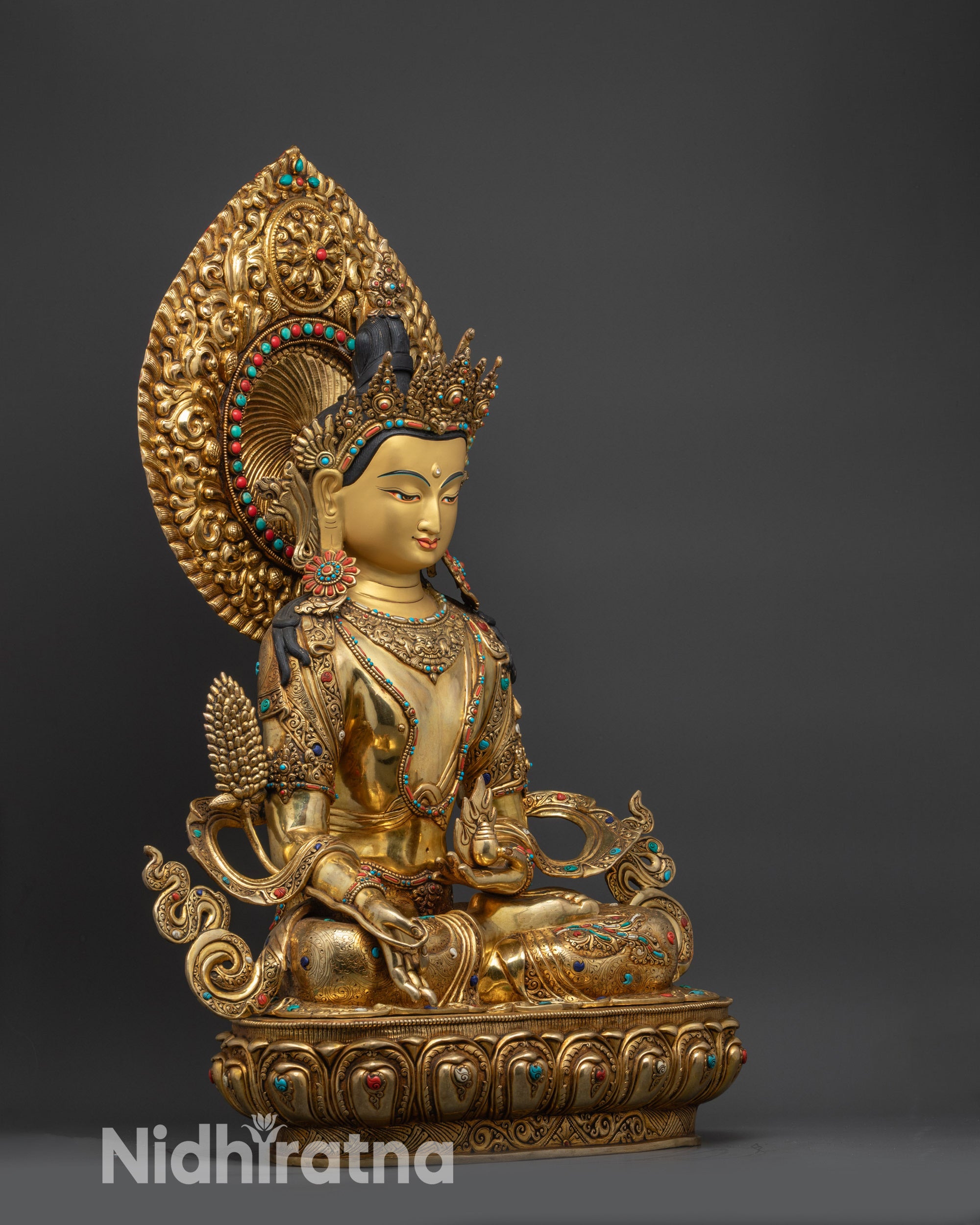 detailed side close up sacred Newari craftsmanship jewels and intricate patterns