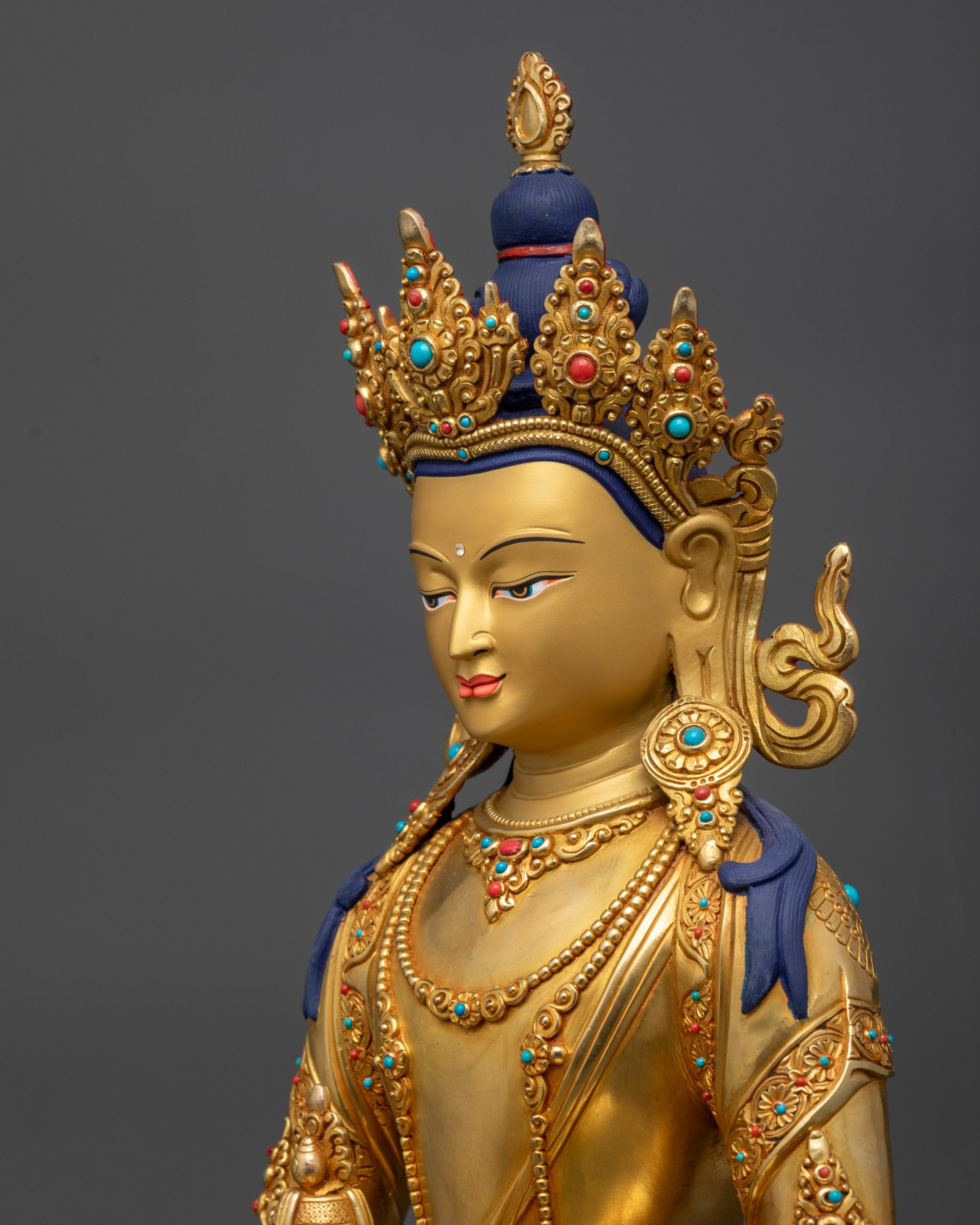 detailed side view Amitayus statue with fire-gilded copper base, Himalayan Buddhist deity