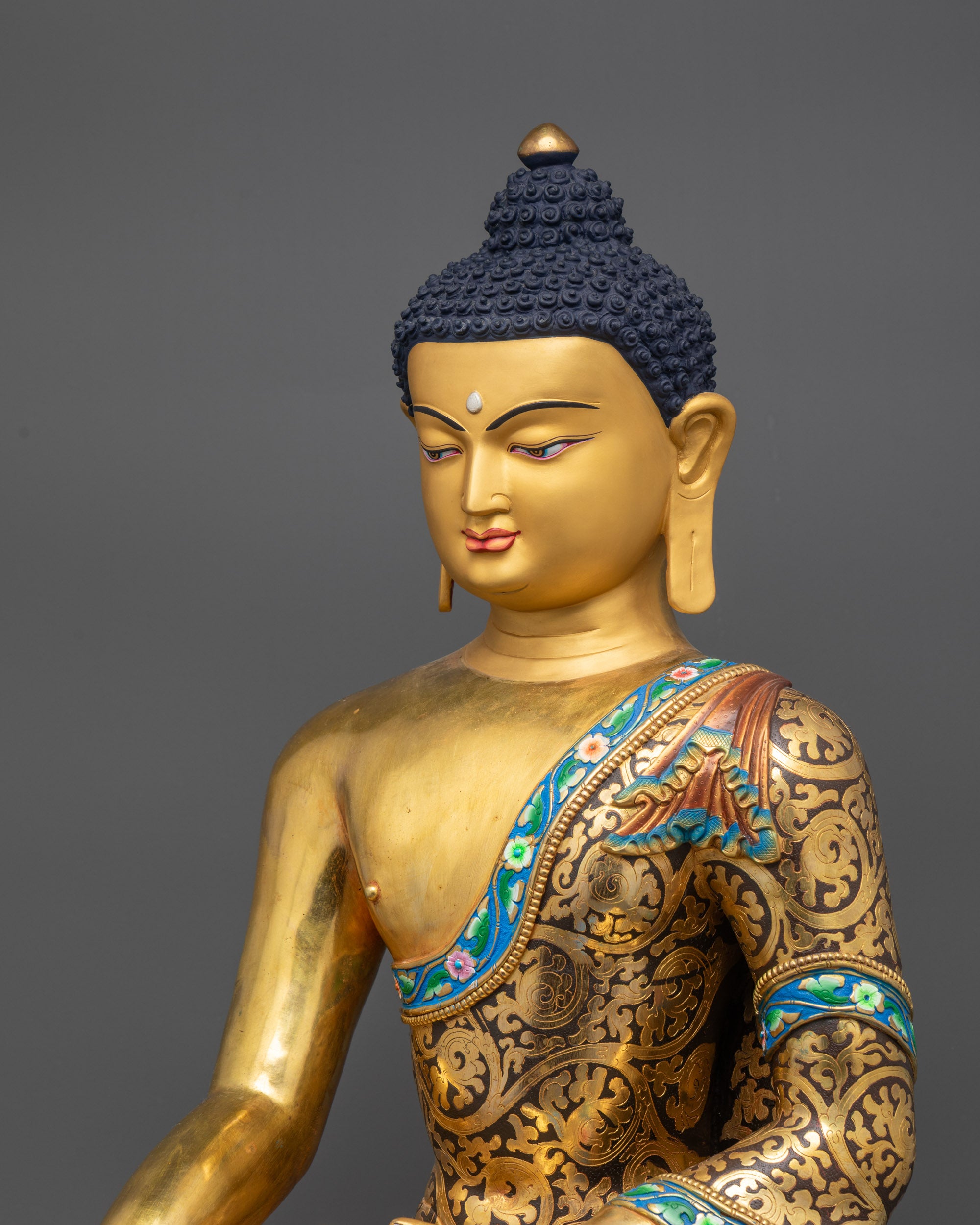 detailed side view of Meditating Shakyamuni Buddha Statue on gold-gilded lotus throne