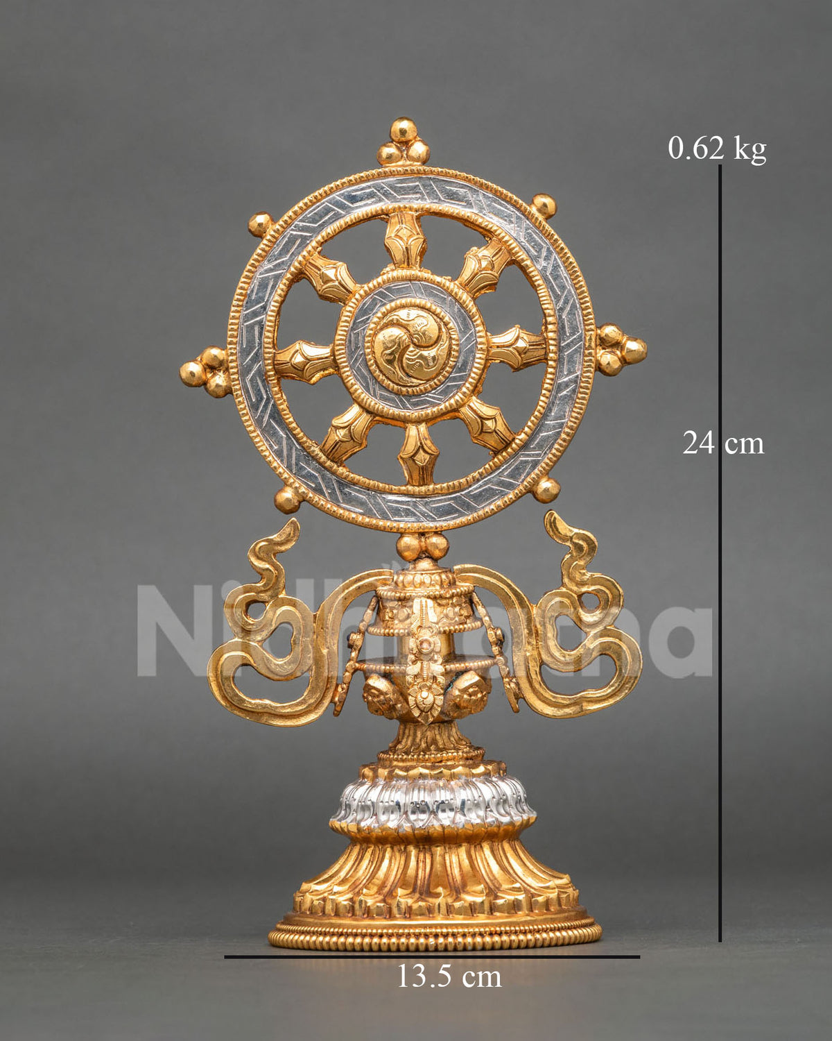 Dharma Chakra Buddhist wheel handcrafted in Nepal from copper with gold-plated and silver-plated finishes