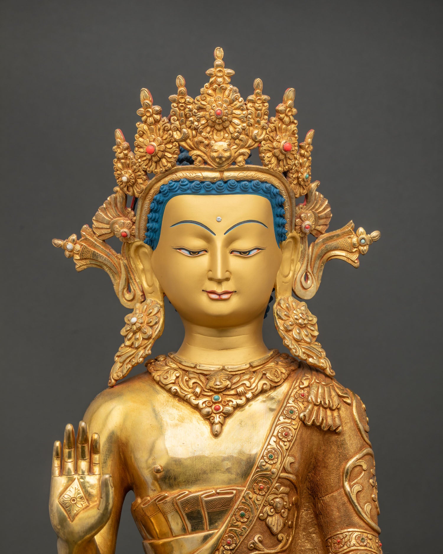 Dipankara Buddha statue regular close up showing five jeweled crown and ornate jewelry details