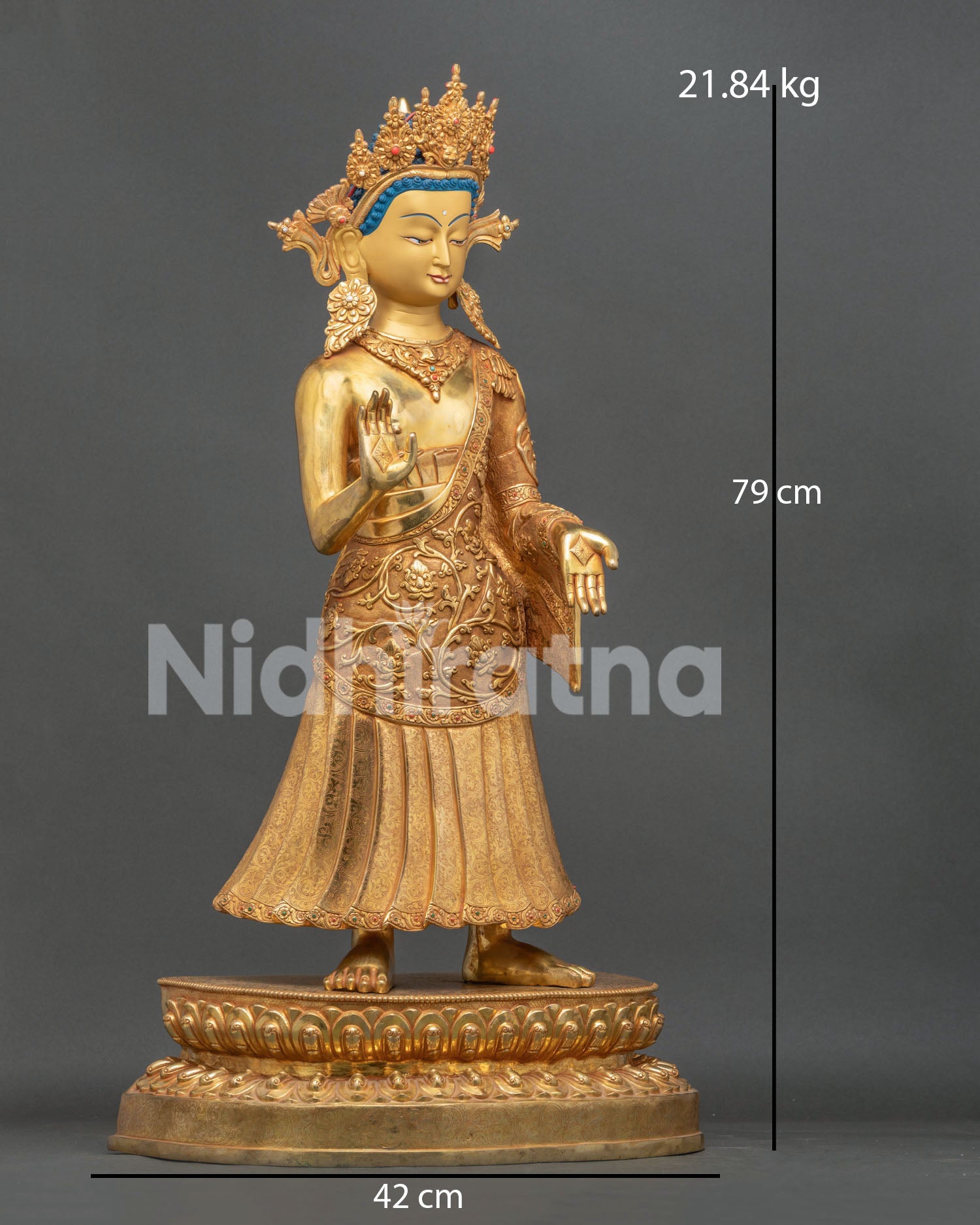 Dipankara Buddha statue right view side showing handcrafted copper body and lotus pedestal