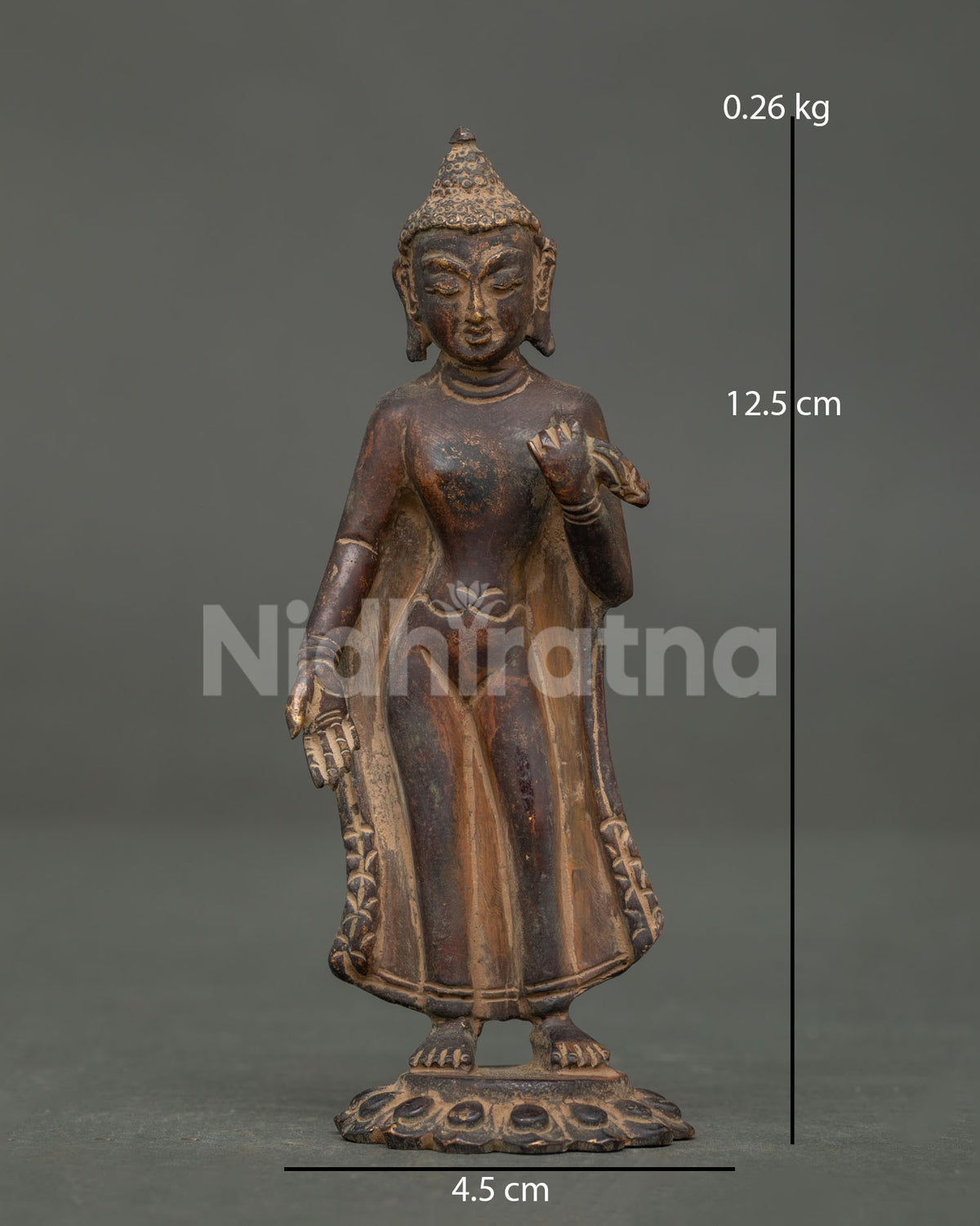 Dipankara Buddha statue standing on lotus pedestal with Varada and Abhaya Mudras.