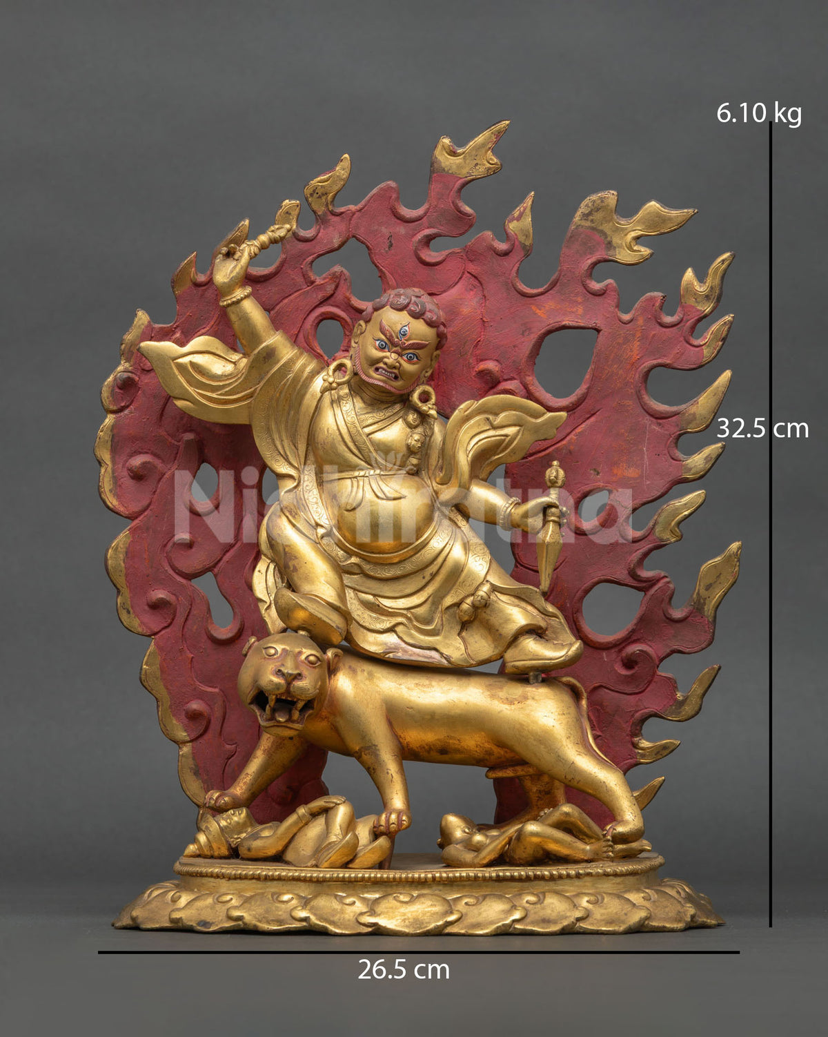 Dorje Drolo copper statue front view, gold-gilded Tibetan Buddhist deity riding a tigress