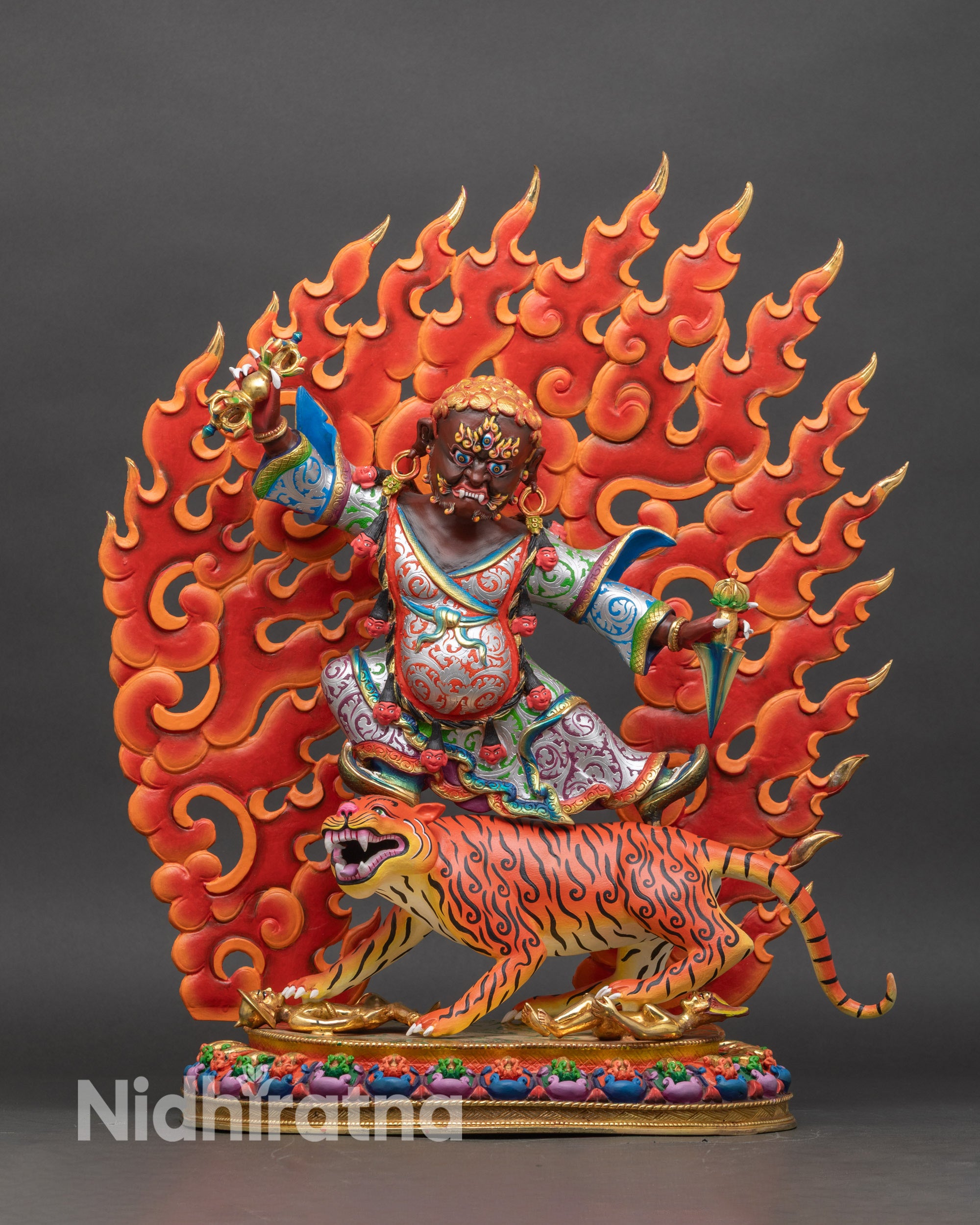 Dorje Drolo statue front view on white tigress, vibrant acrylic painted copper artwork