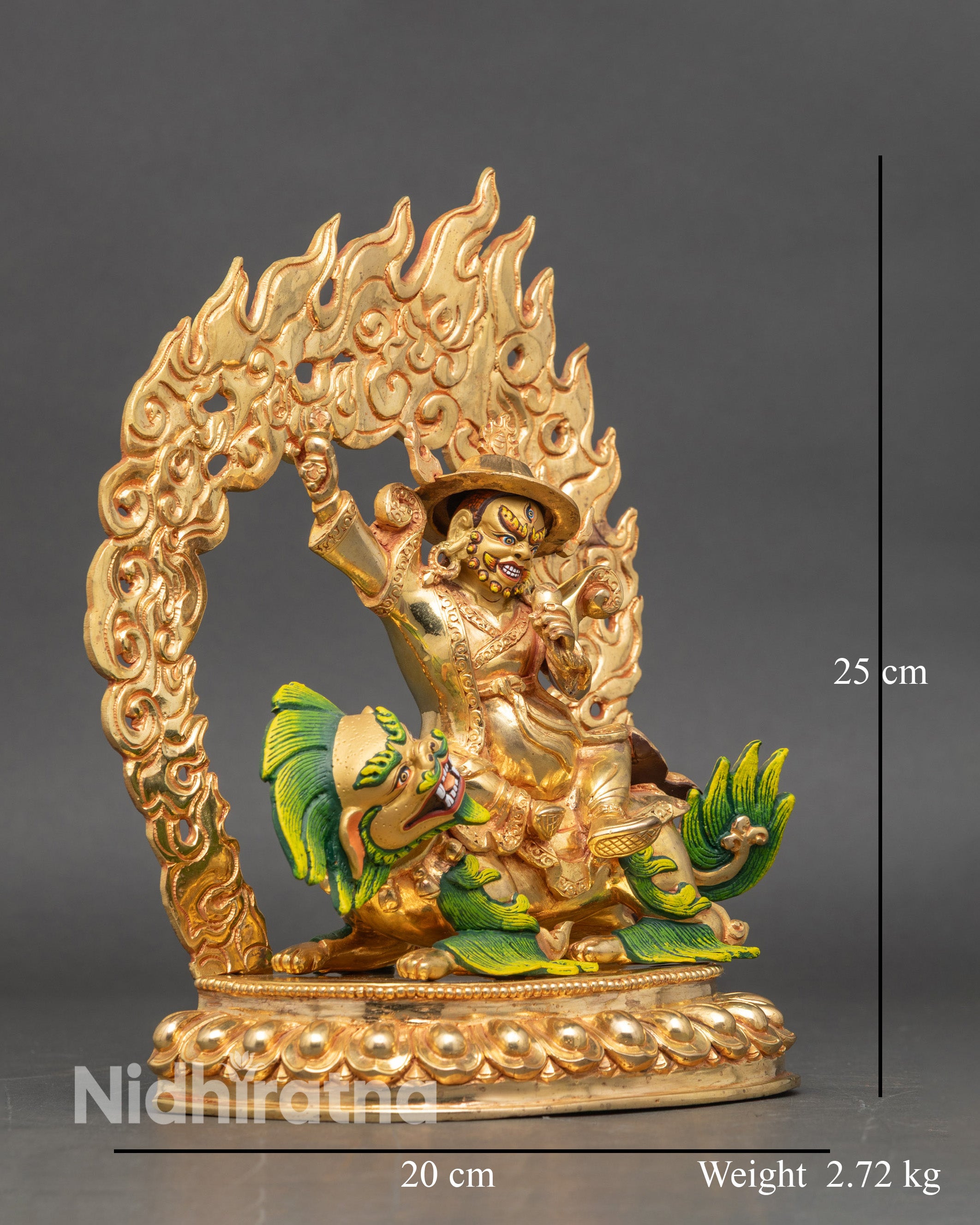 dorje-legpa-statue-side-view-seated-on-snow-lion-vajra-hand-painted-himalayan-art