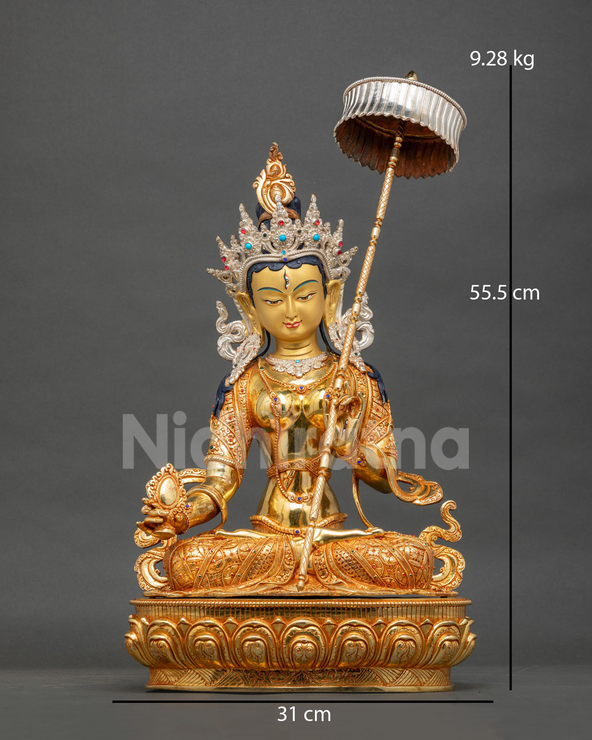 Dukar Statue front view, gold-gilded copper Sitatapatra White Parasol Goddess from Nepal