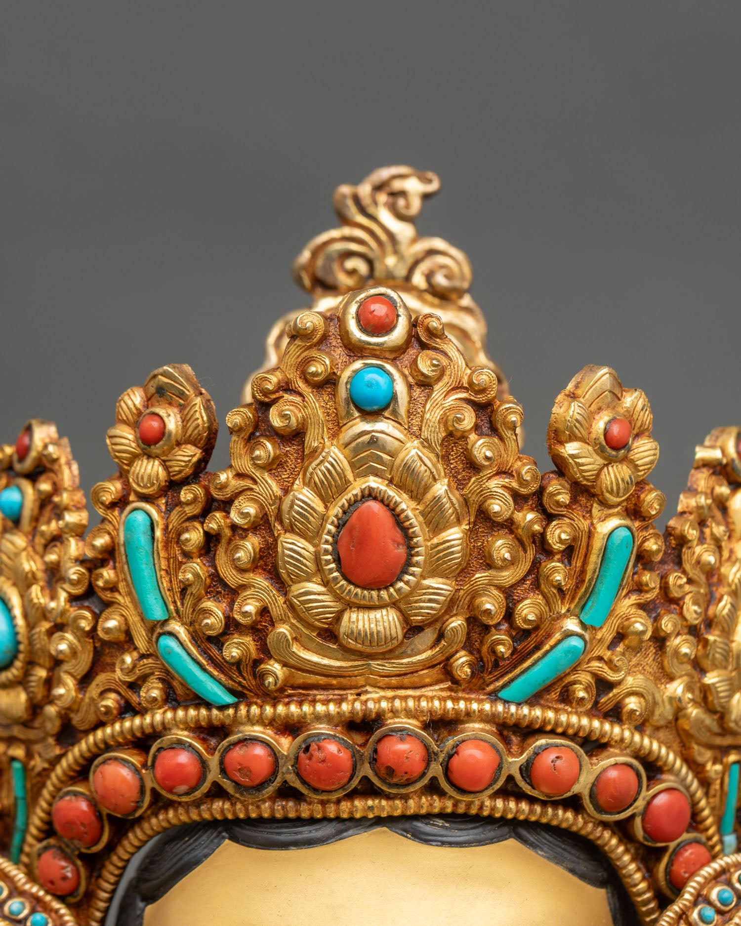 Dzambhala crown front close-up coral turquoise gemstone gold filigree Tibetan jewelry
