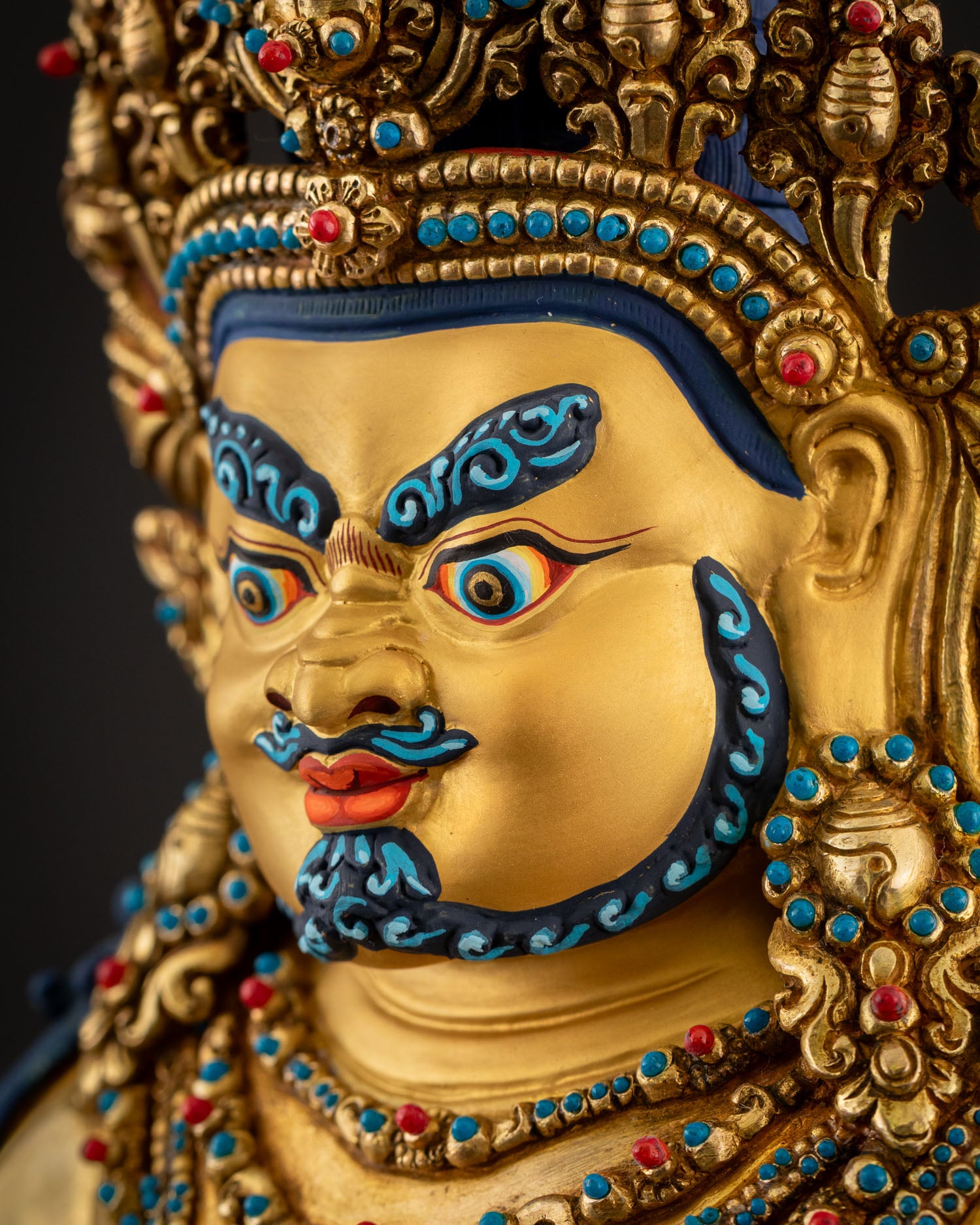 Dzambhala face 24K fire gilded copper statue Himalayan craftsmanship