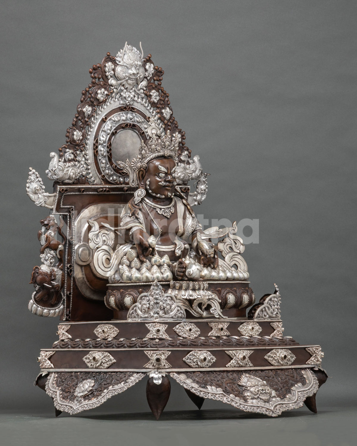 Dzambhala on Throne Buddhist Wealth Deity Statue with Oxidized Silver Plated Copper