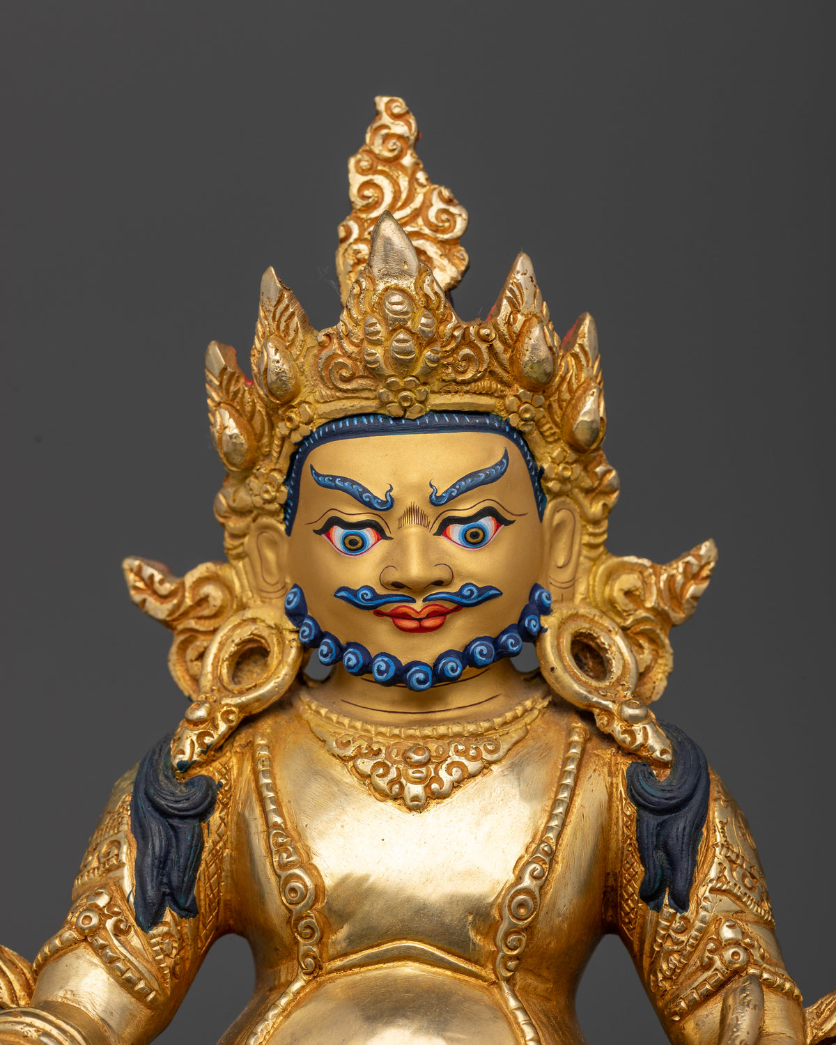 Dzambhala Statue 24K fire gilded copper with gold painted face and lotus pedestal