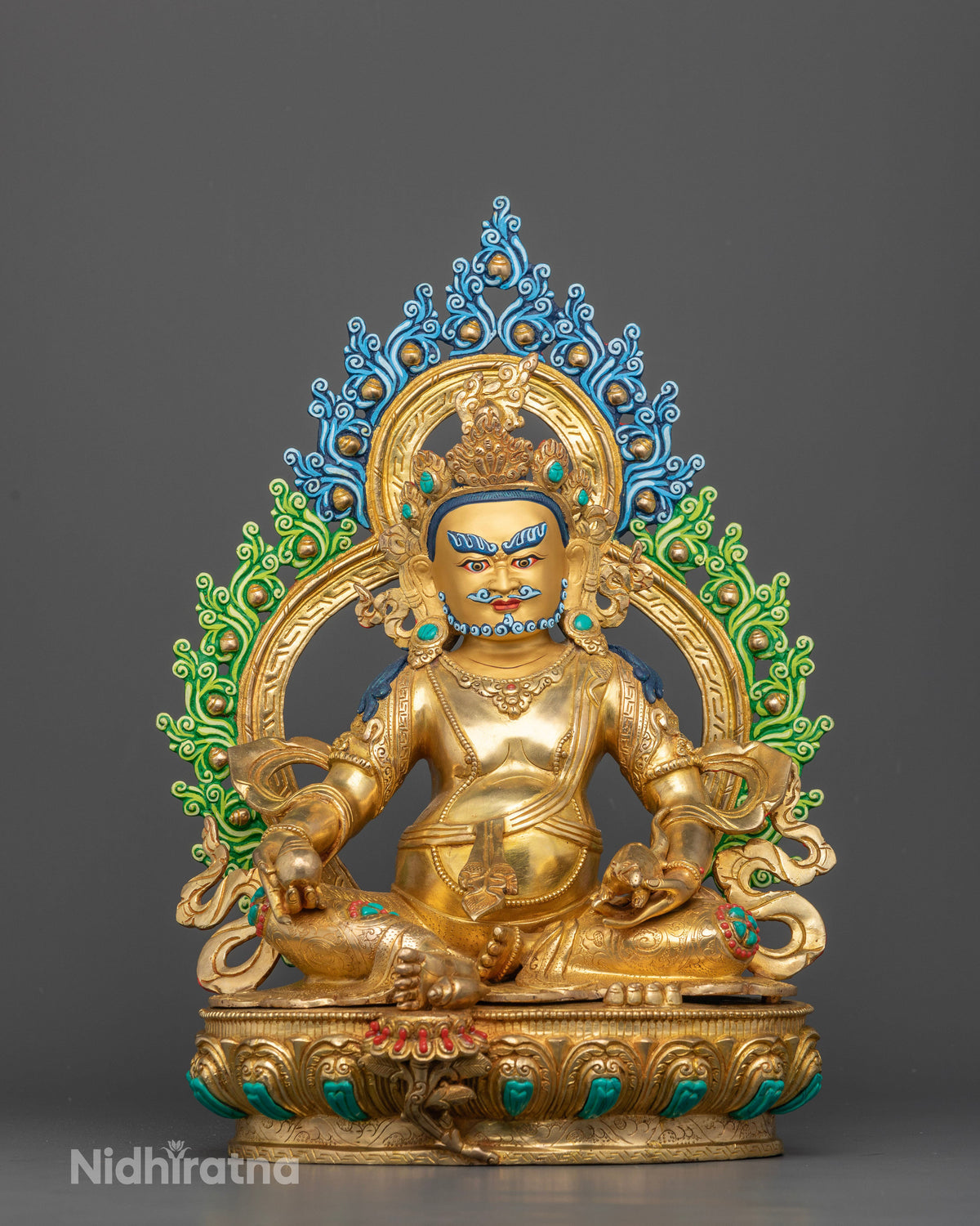 Dzambhala Statue 24K gold gilded copper Buddhist wealth deity from Patan, Nepal