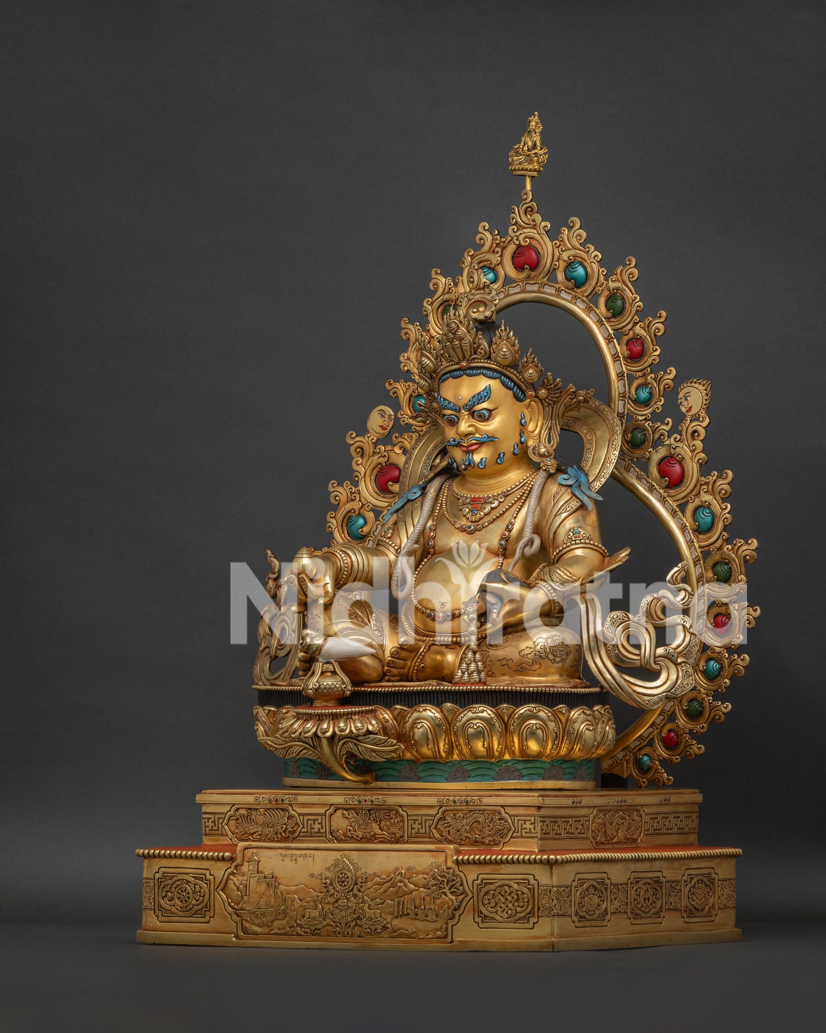 Dzambhala Statue angled view showing full copper alloy throne detail