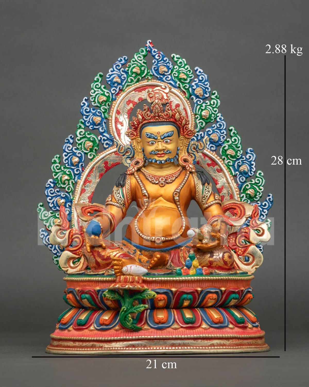 Dzambhala statue copper acrylic painted finish Patan Nepal front view.