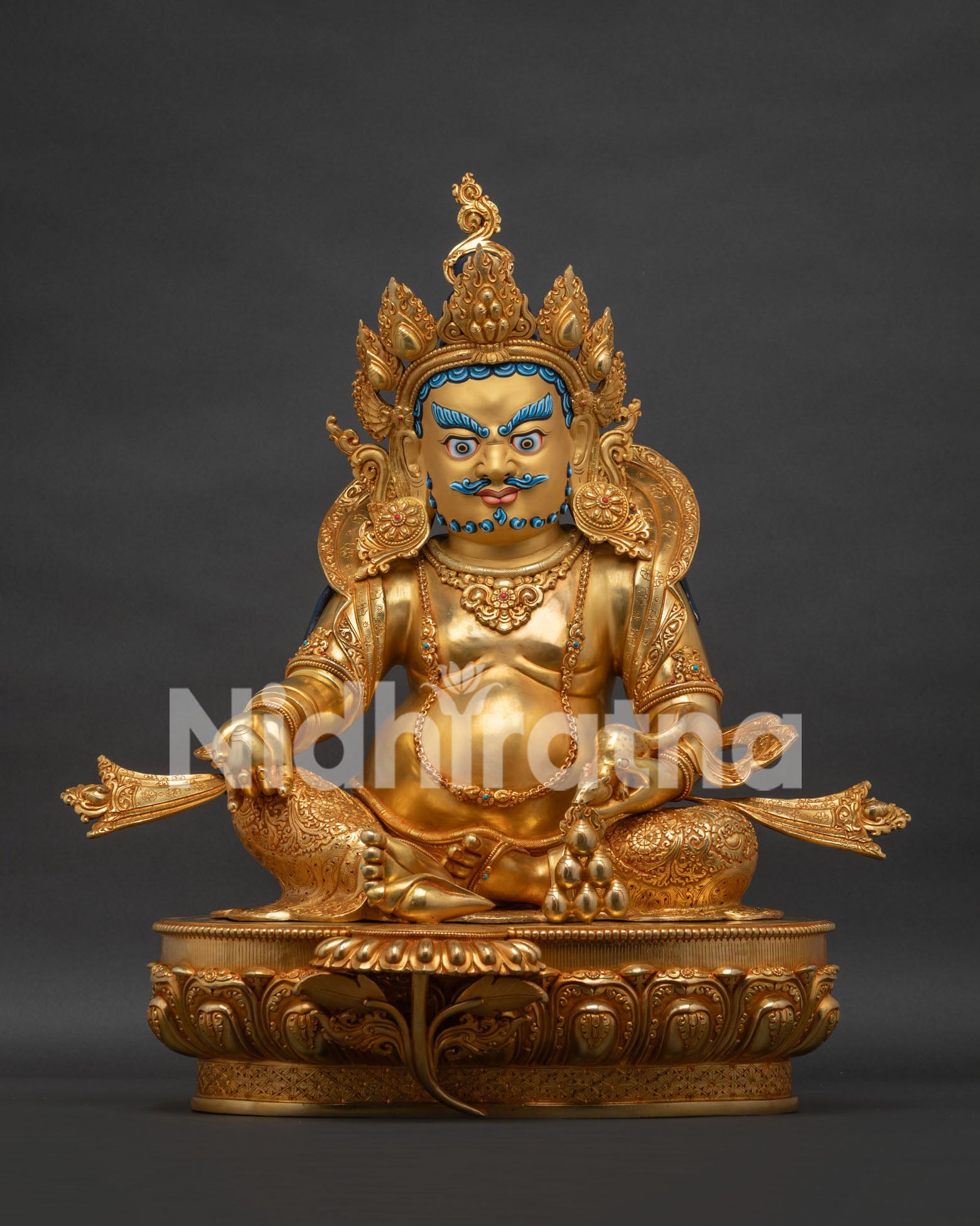 Dzambhala statue front view gold fire-gilded wealth deity with jeweled lotus throne Nepalese art