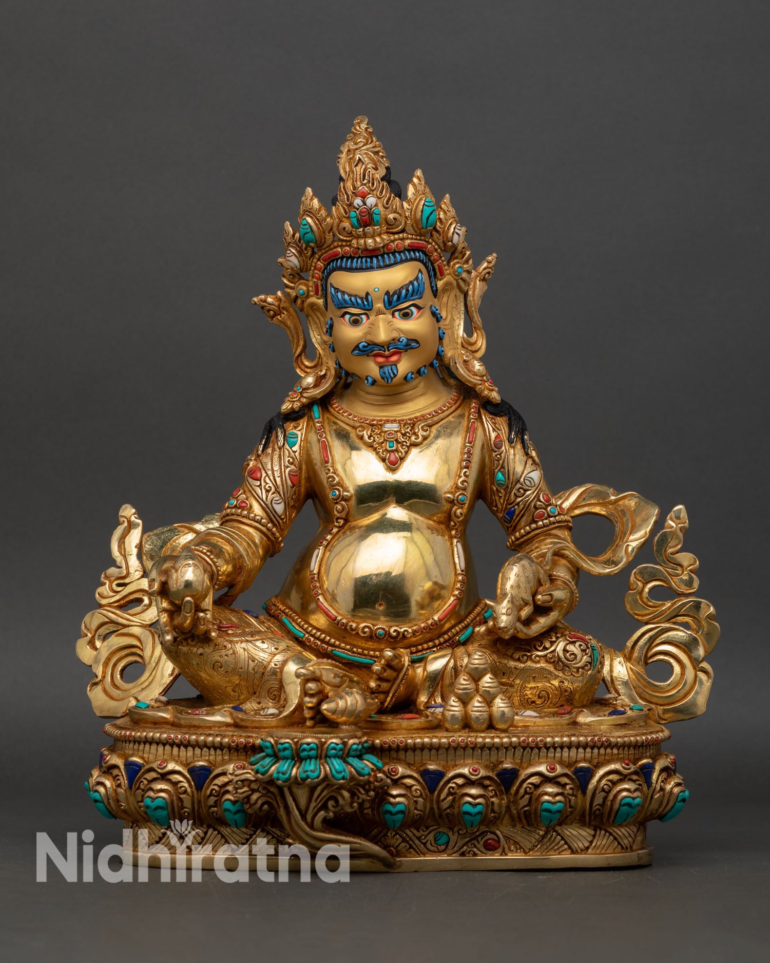 Dzambhala statue front view gold gilded copper wealth deity sculpture Nepal handmade Buddhist art lotus throne