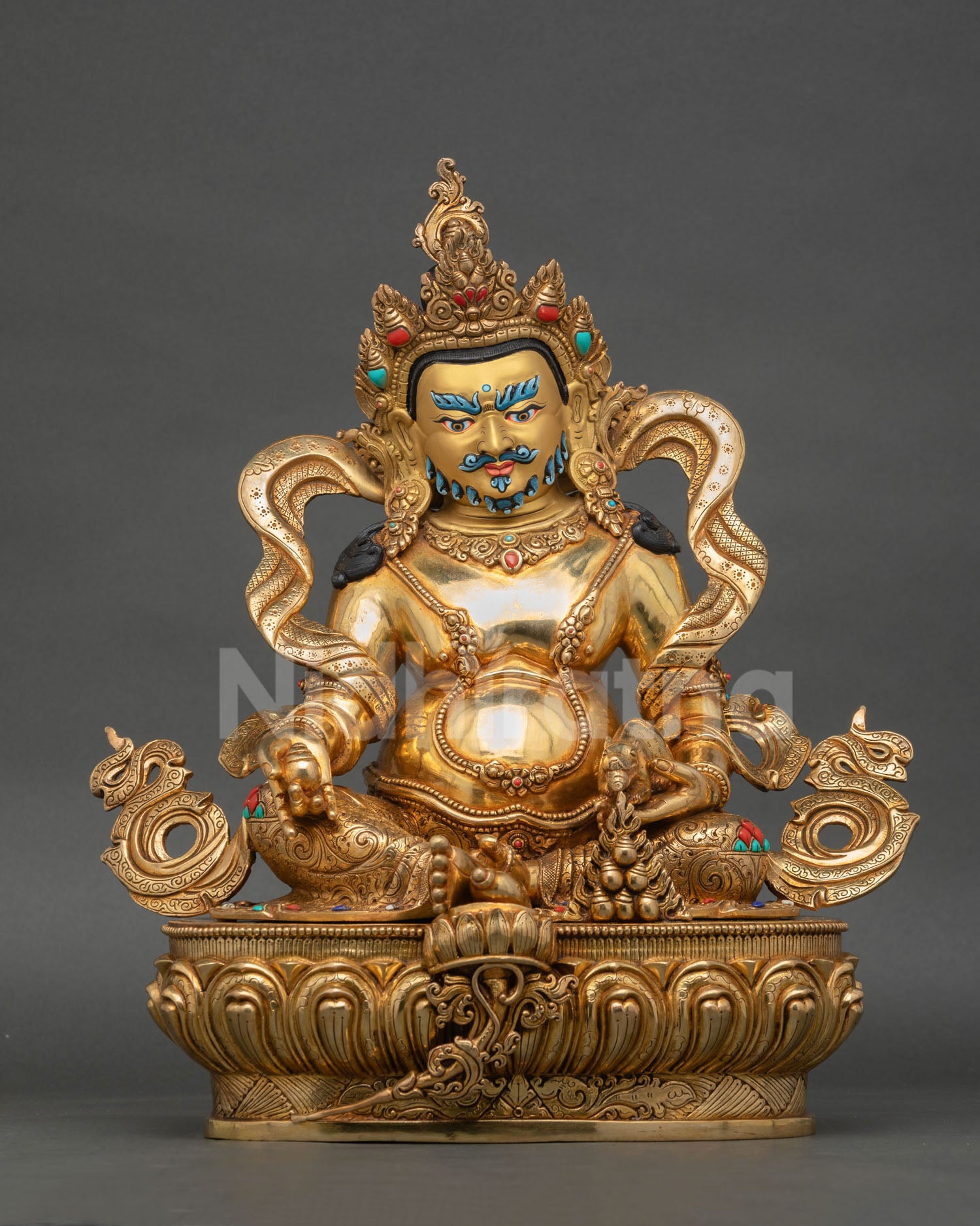Dzambhala Statue Front View Handmade Copper Nepal Wealth Deity 24K Gold Detail