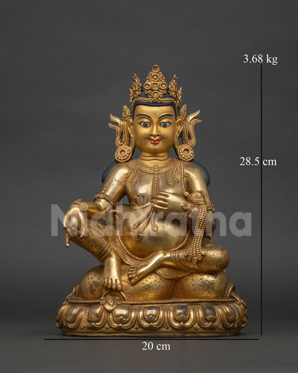 Dzambhala Statue front view, wealth deity holding jewel-spitting mongoose, handmade Nepal