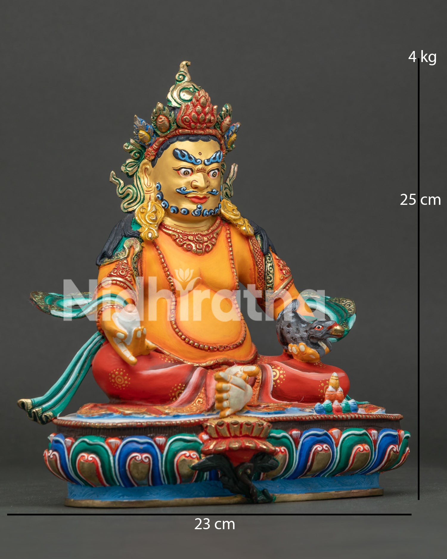 Dzambhala statue on lotus throne holding mongoose and wish fulfilling jewel symbolizing prosperity