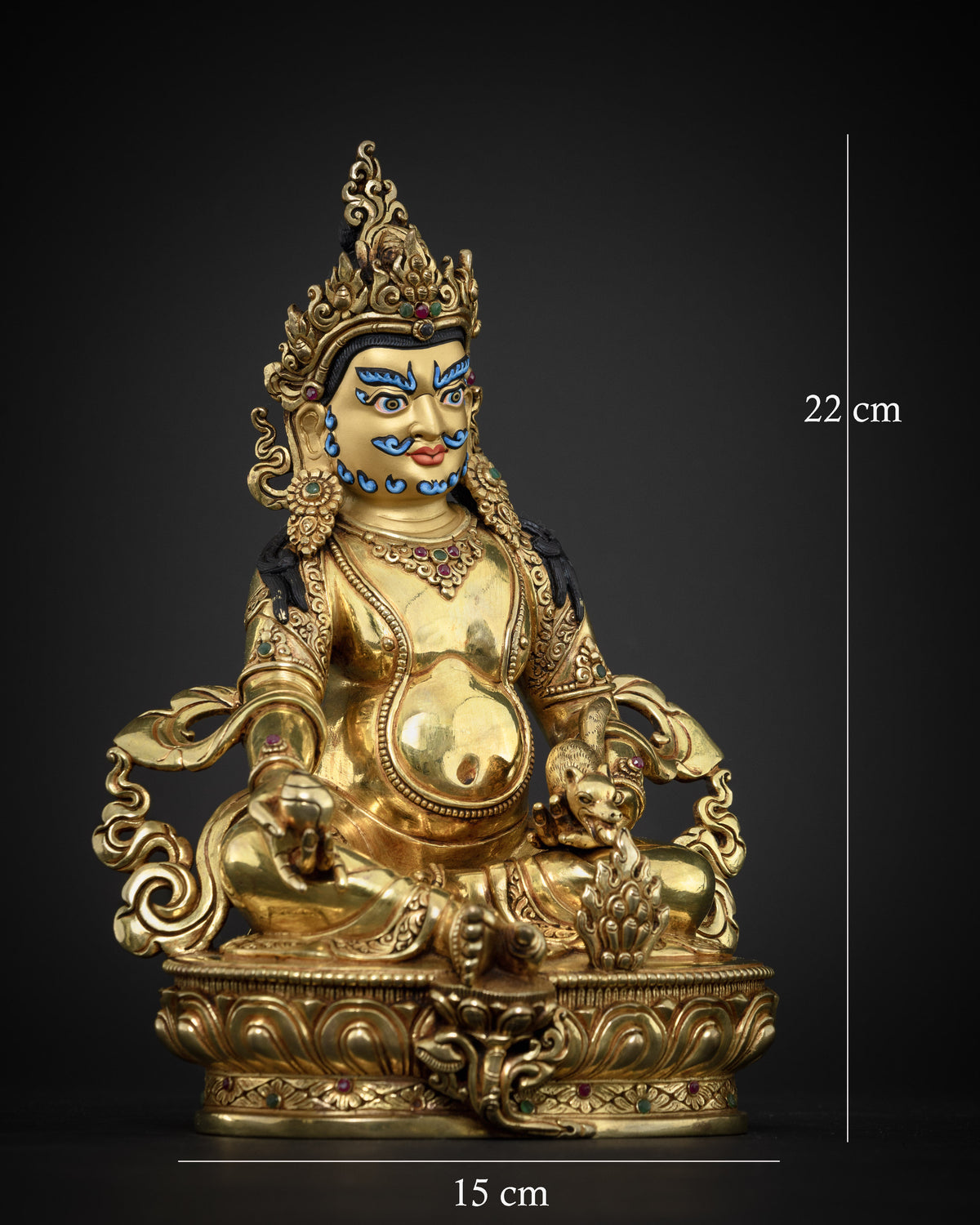 Dzambhala Statue right side view, 24K gold gilded copper, handcrafted Nepalese wealth deity