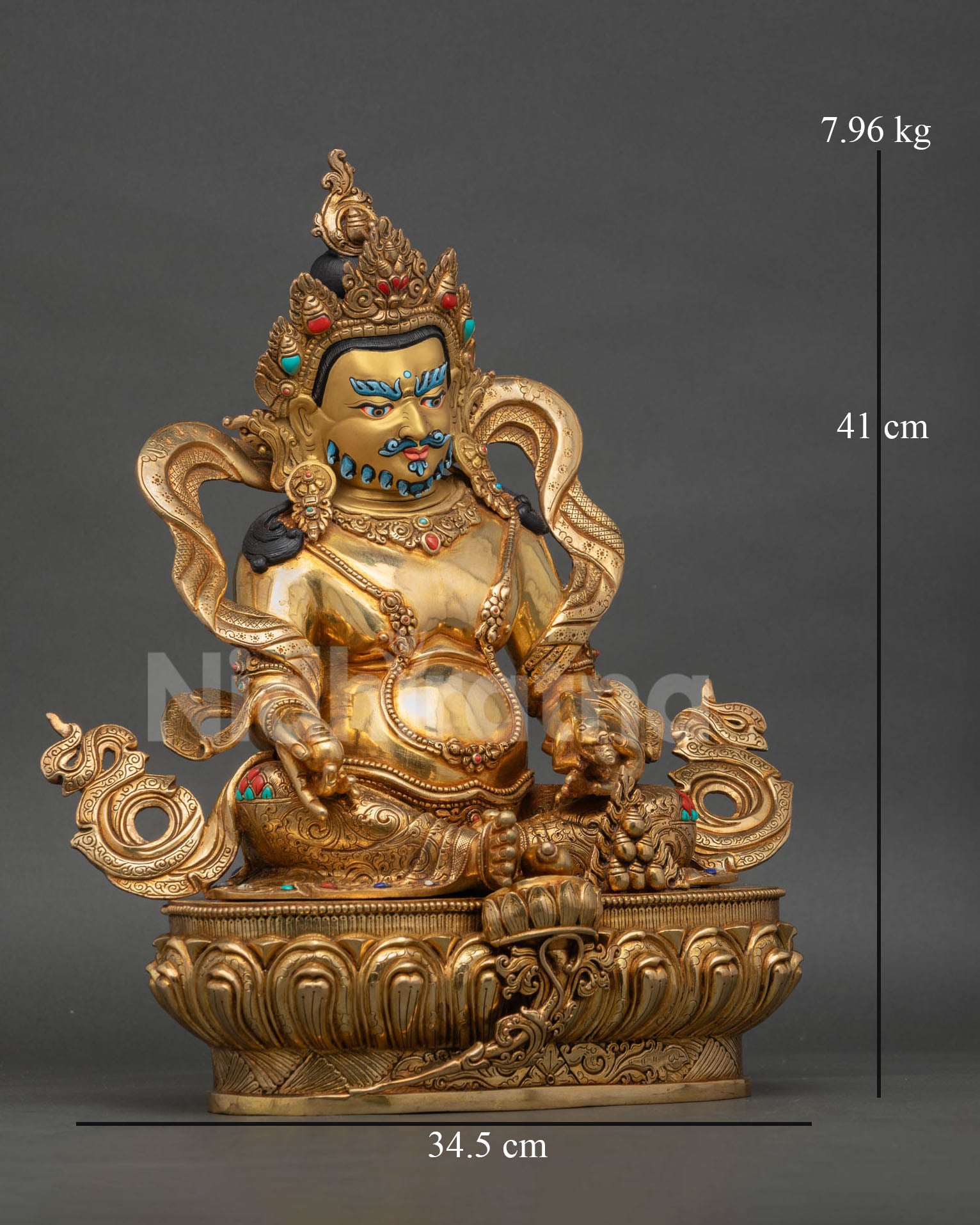 Dzambhala Statue Right Side View Handcrafted Copper Sculpture Lotus Base Detail